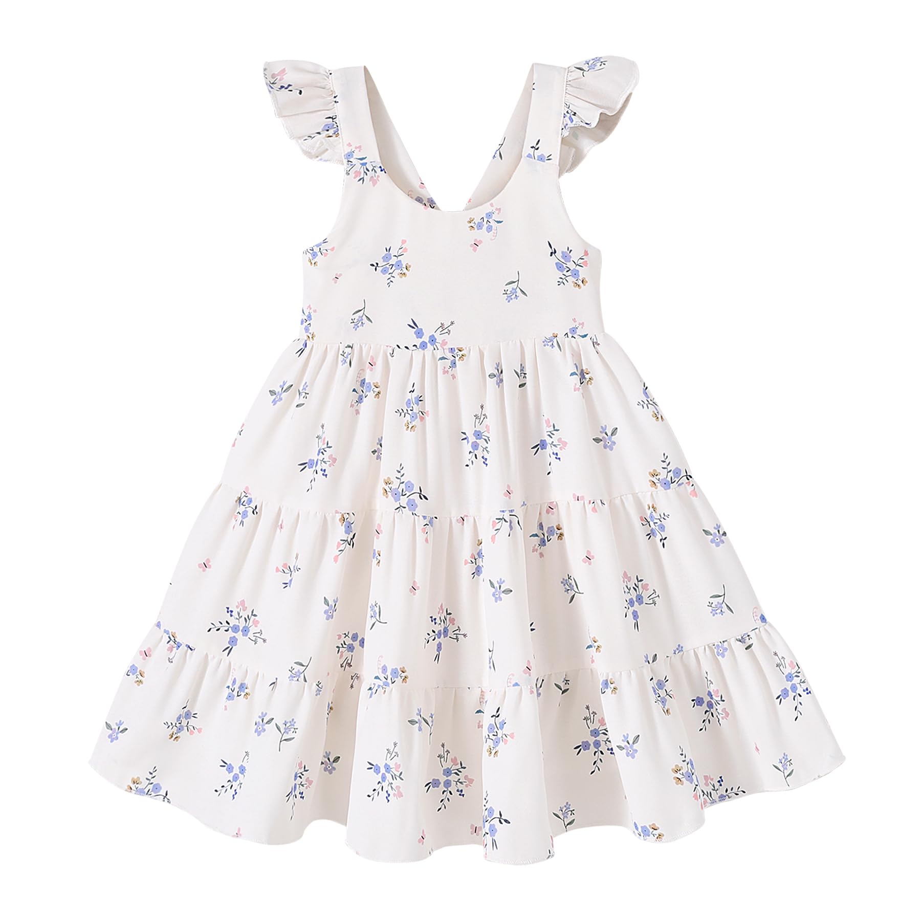 Younger Tree Toddler Baby Girl Dress Summer Outfits Flutter Sleeve Smocked Dress Kids Causal Boho Dresses Clothes (4-5T, Blue Fl