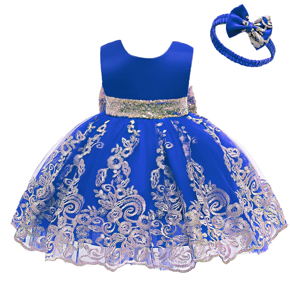 Cmmchaah Princess Girls Lace Embroidery Bow Toddler Dresses Cute Sleeveless New Year Prom Dresses For Baby (Sapphire,110)