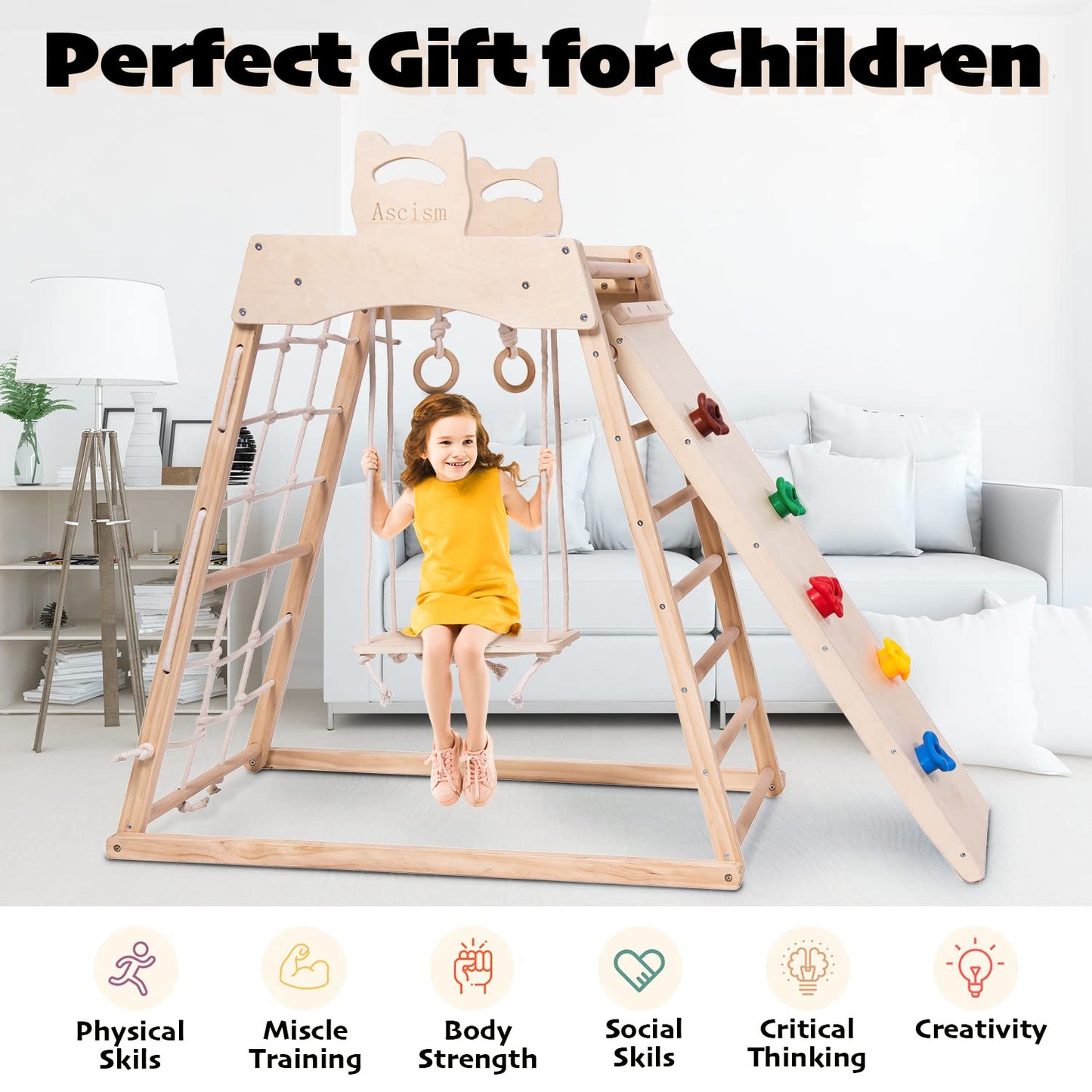 Ascism Jungle Gym Indoor (8 In 1) Wooden Indoor Playground, Toddler Wooden Climbing Toys, Montessori Playset, Gym With Slide, Cl