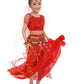Girls Belly Dance Top Skirt Set Halloween Costume With Head Veil,Waist Chain Red