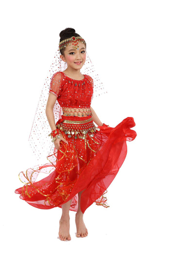 Girls Belly Dance Top Skirt Set Halloween Costume With Head Veil,Waist Chain Red