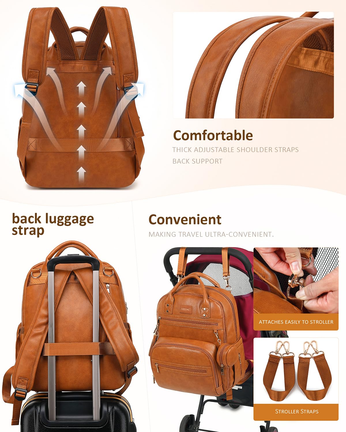 Rosegin Vegan Leather Diaper Bag Backpack With Changing Pad Pacifier Case,Travel Baby Bag For Boy Girl Toddler Mom-Large,Stylish