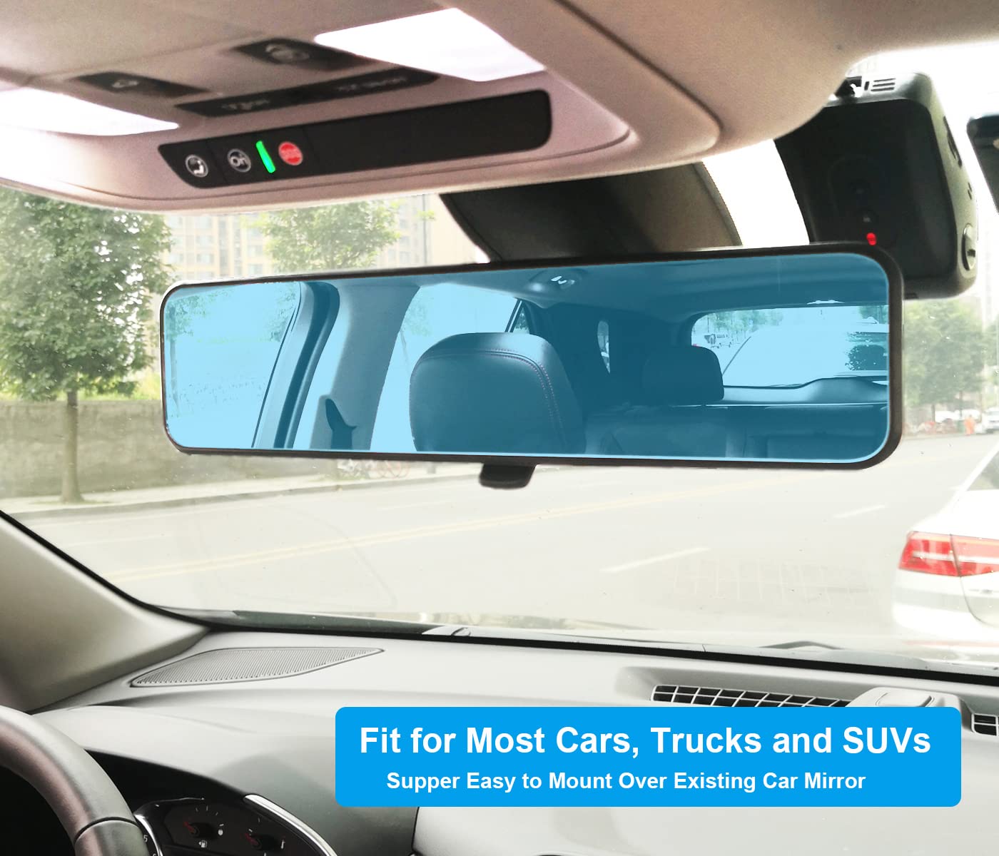 Universal 11.4 Inch Clip On Rearview Mirror - Anti Glare, Wide Angle - Convex - Blue Tint (Bonus 2 PCS Blind Spot Mirrors)