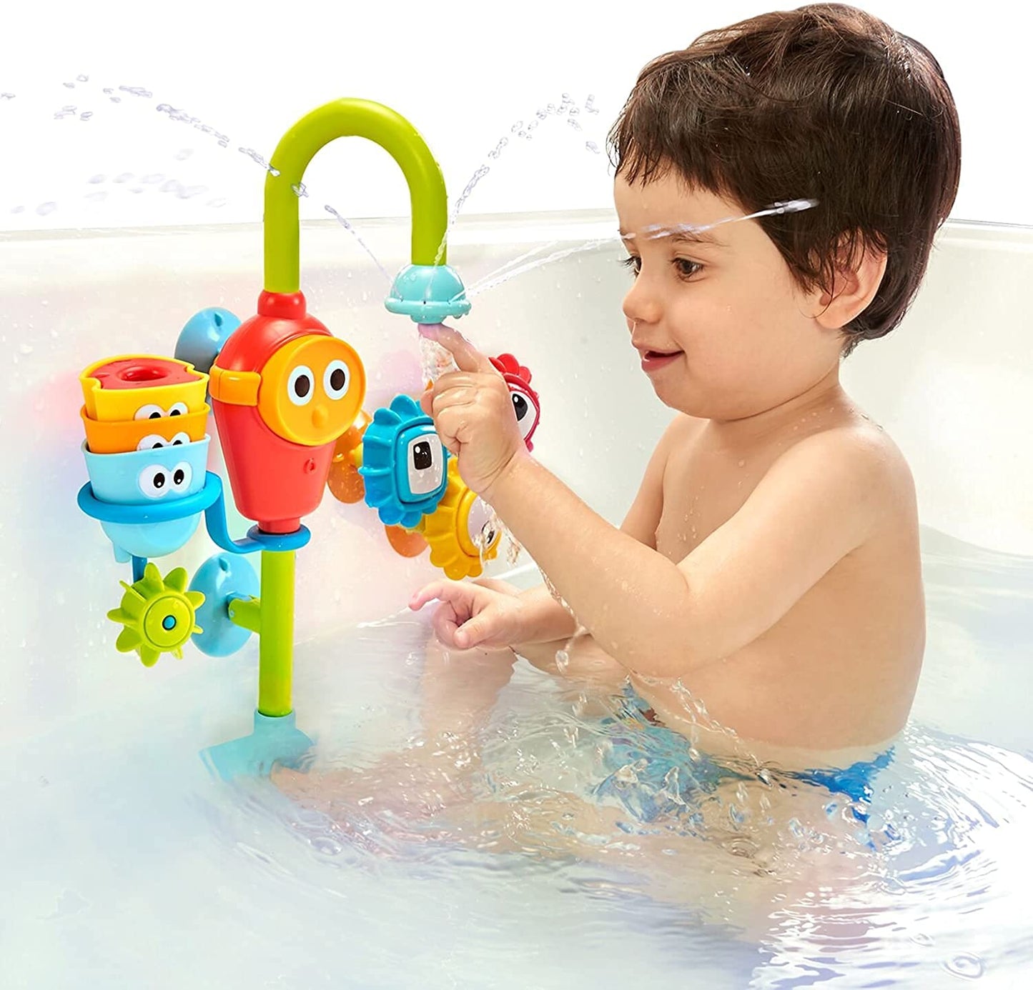 Yookidoo Bay Bath Toddler Toys (Ages 1-3) - 3 Stackable Cups, Spinning Gears, Hose & Spout for Water Play - Mold Free - Suction