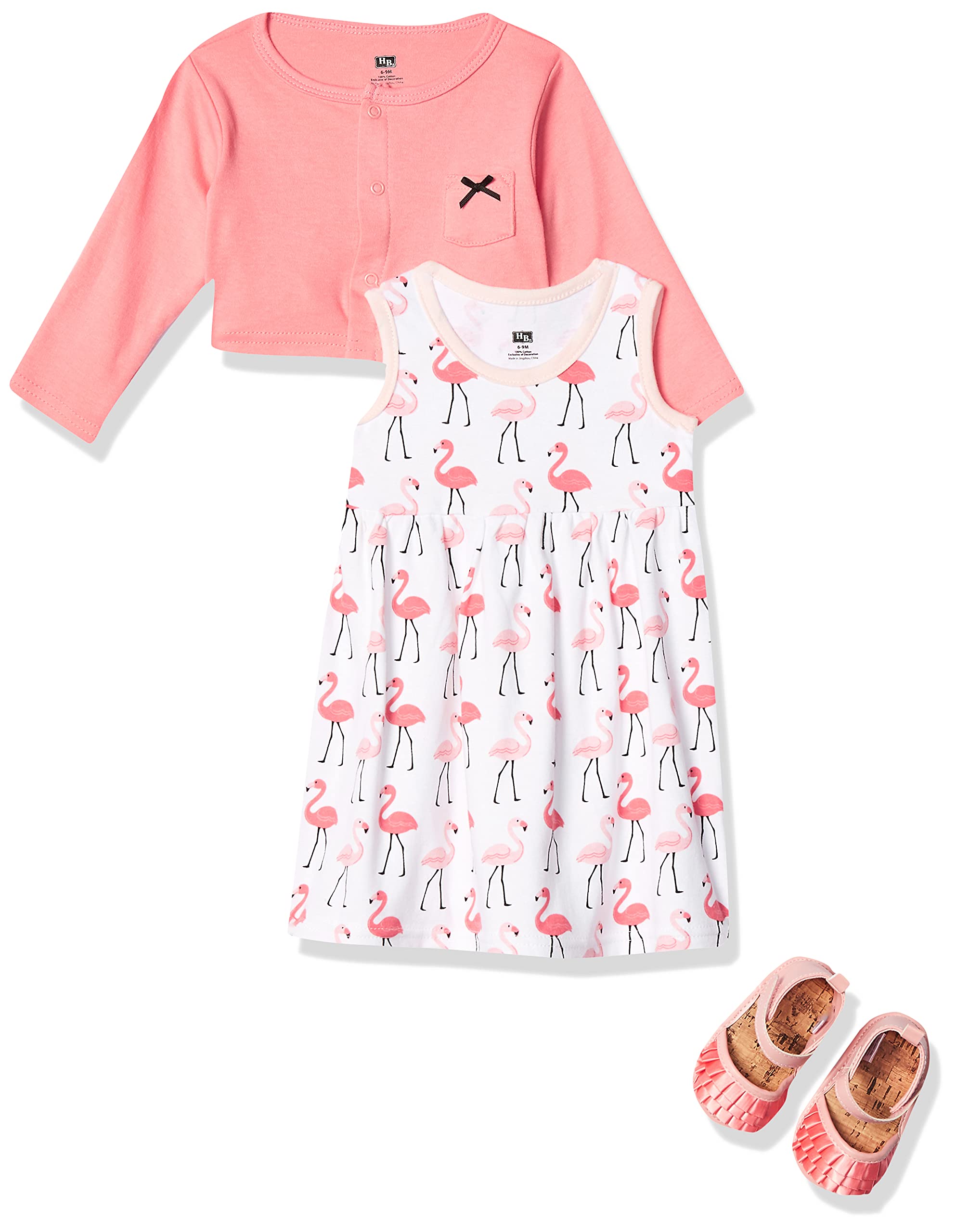 Hudson Baby Baby Girl Cotton Dress, Cardigan And Shoe Set, Flamingos, 0-3 Months WBBAPB07B54KDKD