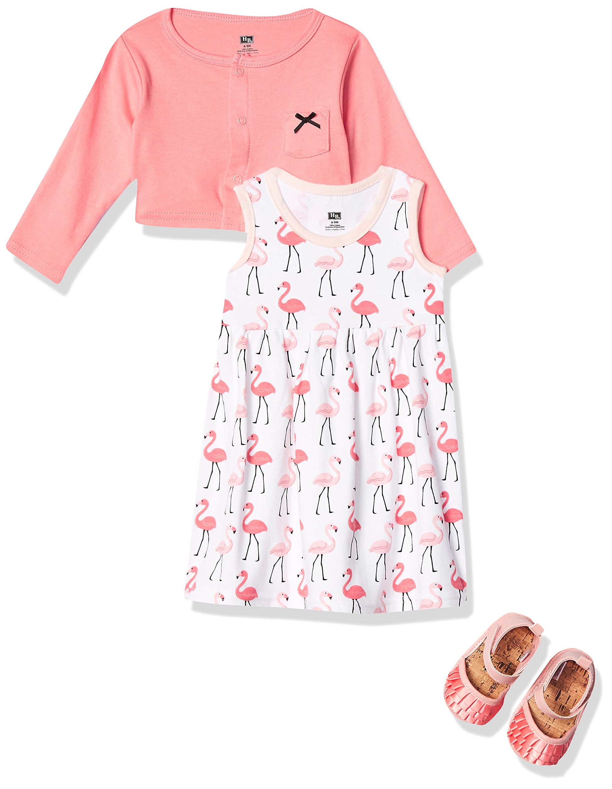 Hudson Baby Baby Girl Cotton Dress, Cardigan And Shoe Set, Flamingos, 0-3 Months