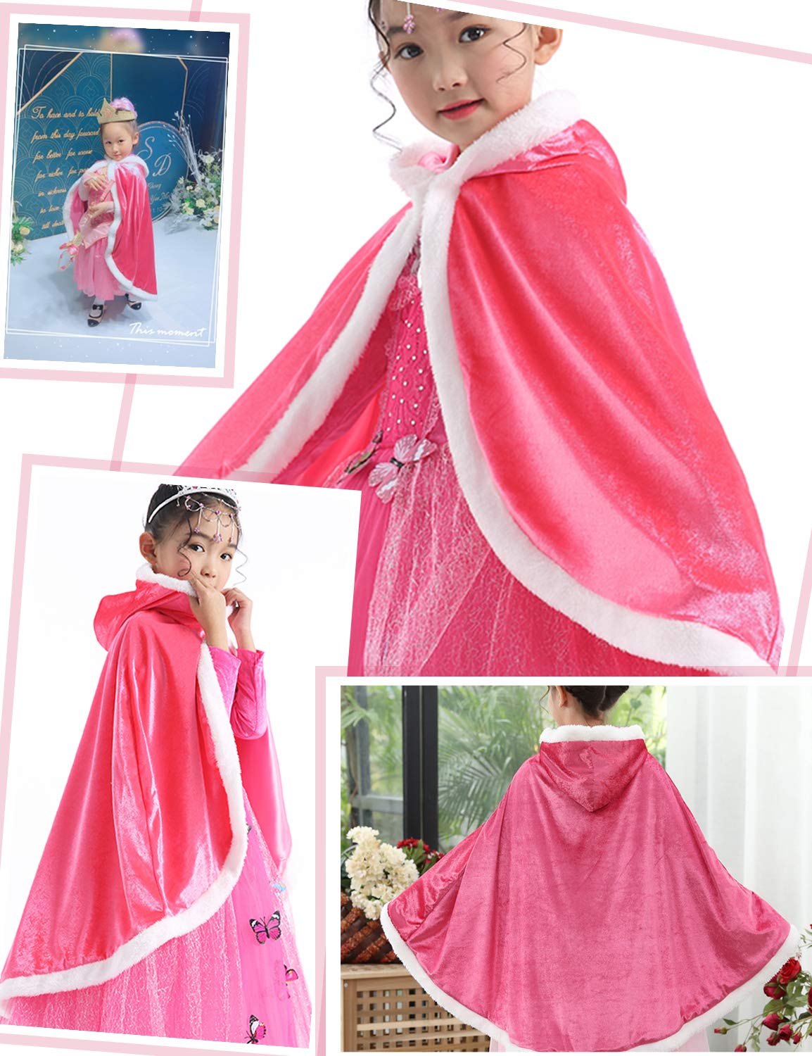 Party Chili Fur Princess Cape Fur Hooded Cloaks Costume For Girls Dress Up Pink 8-10 Years(140Cm)