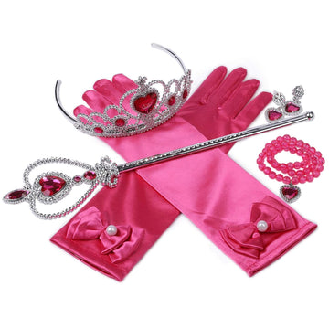 Orgrimmar Princess Dress Up Accessories For Belle Gloves Princess Tiara Crown Wand Necklaces For Kids (Rose Red)