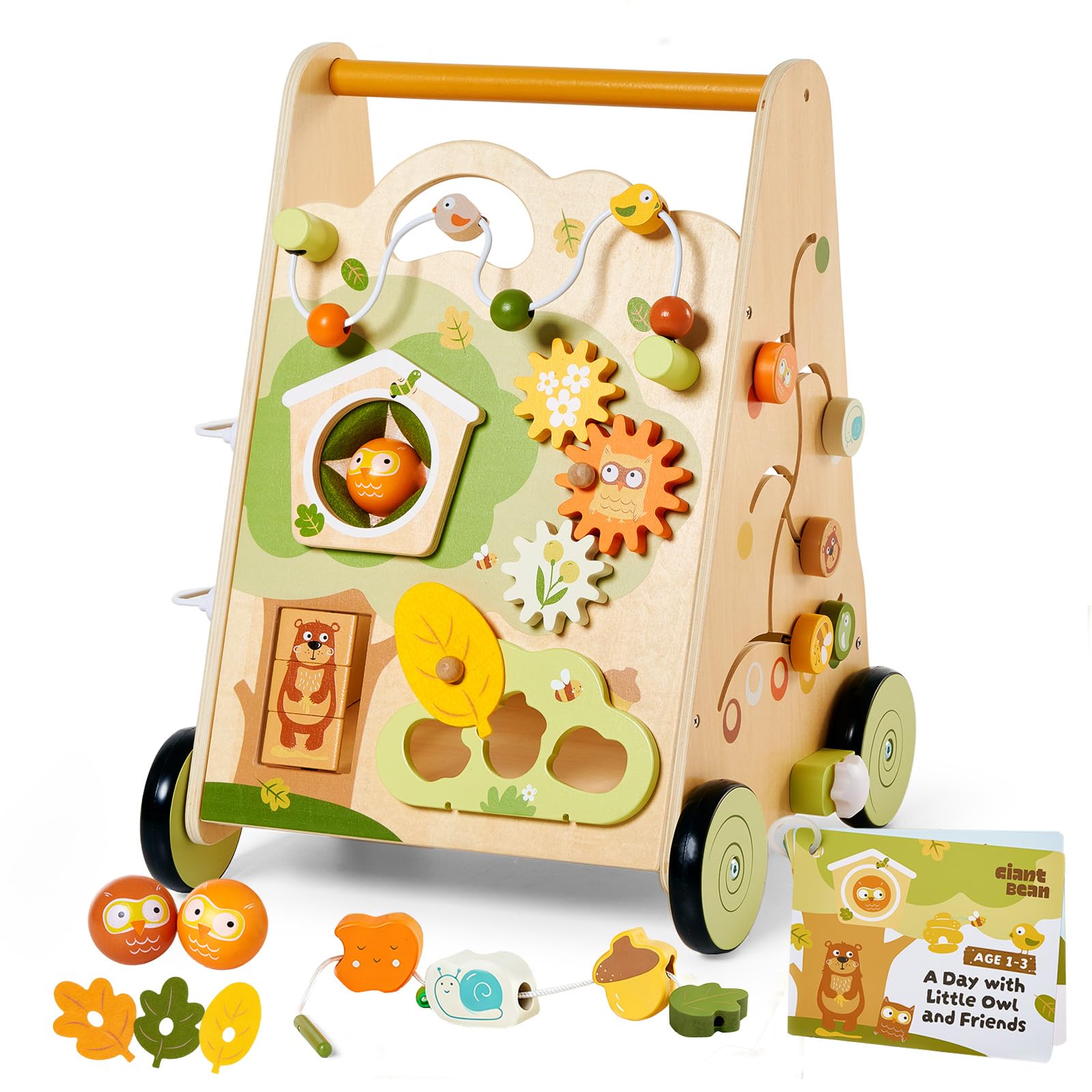 Wooden Baby Walker with Activity Center, Forest Themed Montessori Push Toy for Toddlers 1-3, Bead Maze, Shape Sorter, Gears, Puz
