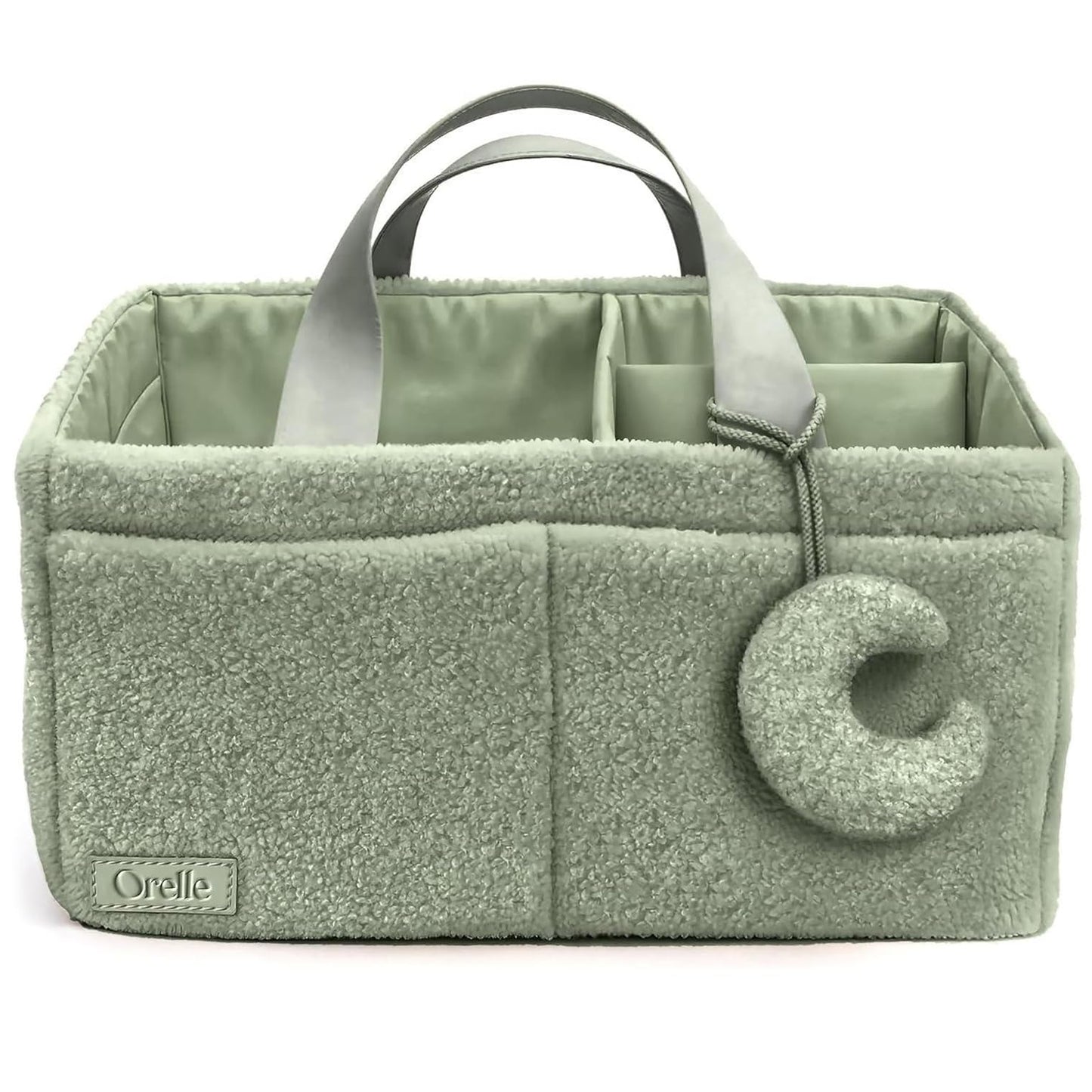 Orelle Boucl   Diaper Caddy Organizer with Matching Pouch & Moon Pendant | Teddy Portable Changing Table Organizer | Sage Green 