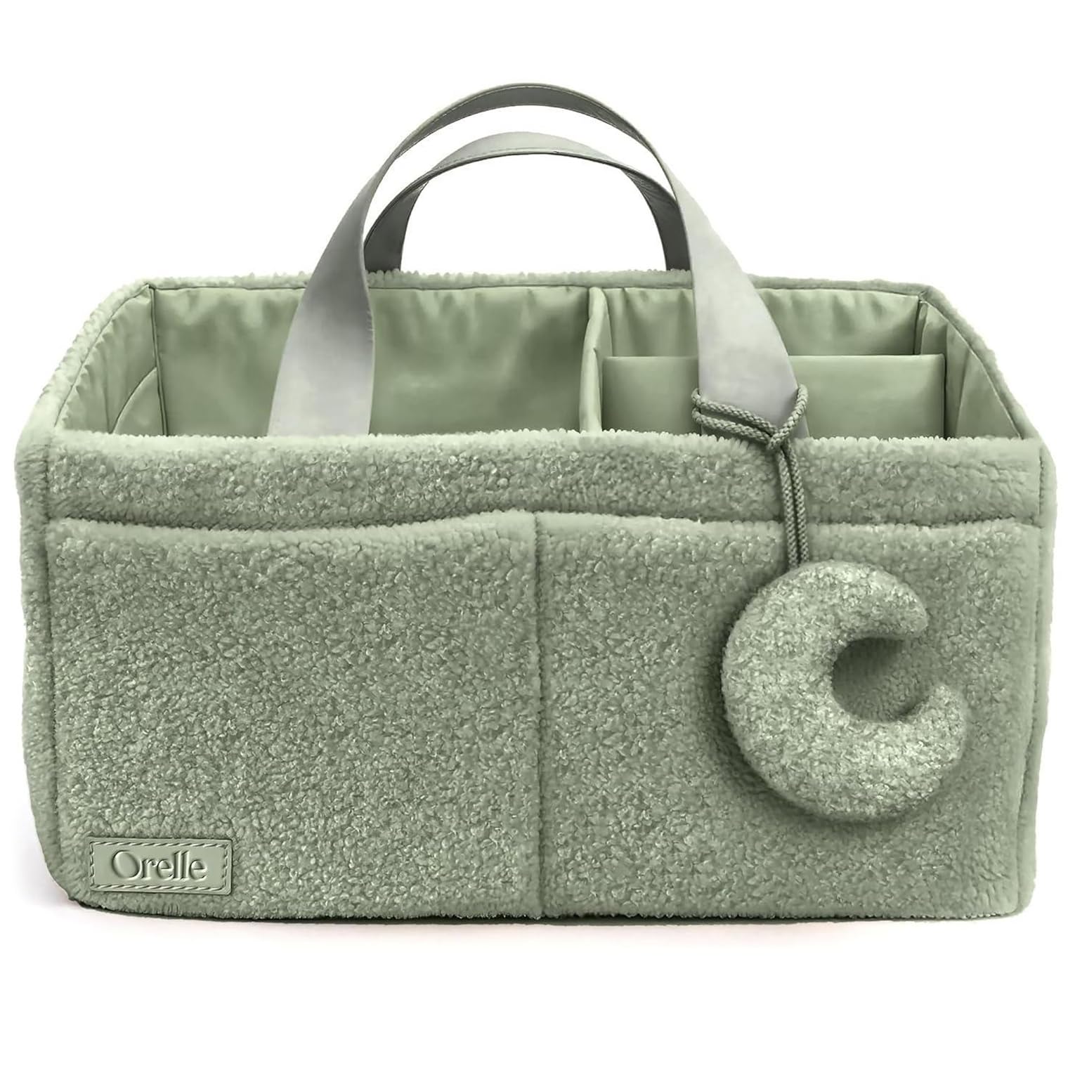 Orelle Boucl   Diaper Caddy Organizer with Matching Pouch & Moon Pendant | Teddy Portable Changing Table Organizer | Sage Green 
