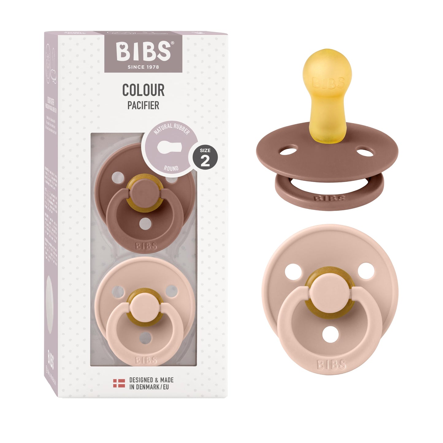 BIBS Pacifiers Colour Collection | Natural Rubber Baby Pacifier | Set of 2 BPA-Free Soothers | Made in Denmark | 6+ Months (Pack