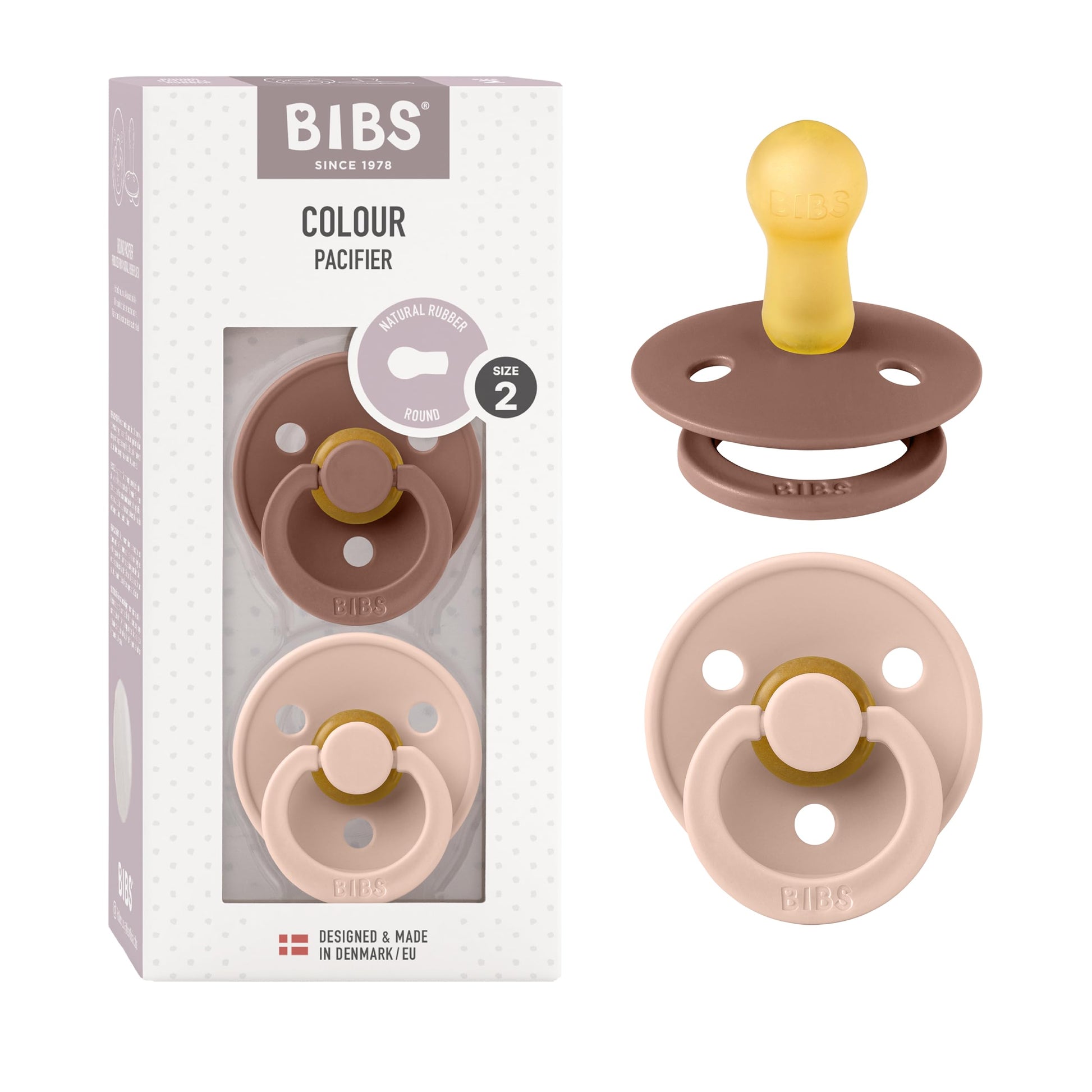 BIBS Pacifiers Colour Collection | Natural Rubber Baby Pacifier | Set of 2 BPA-Free Soothers | Made in Denmark | 6+ Months (Pack