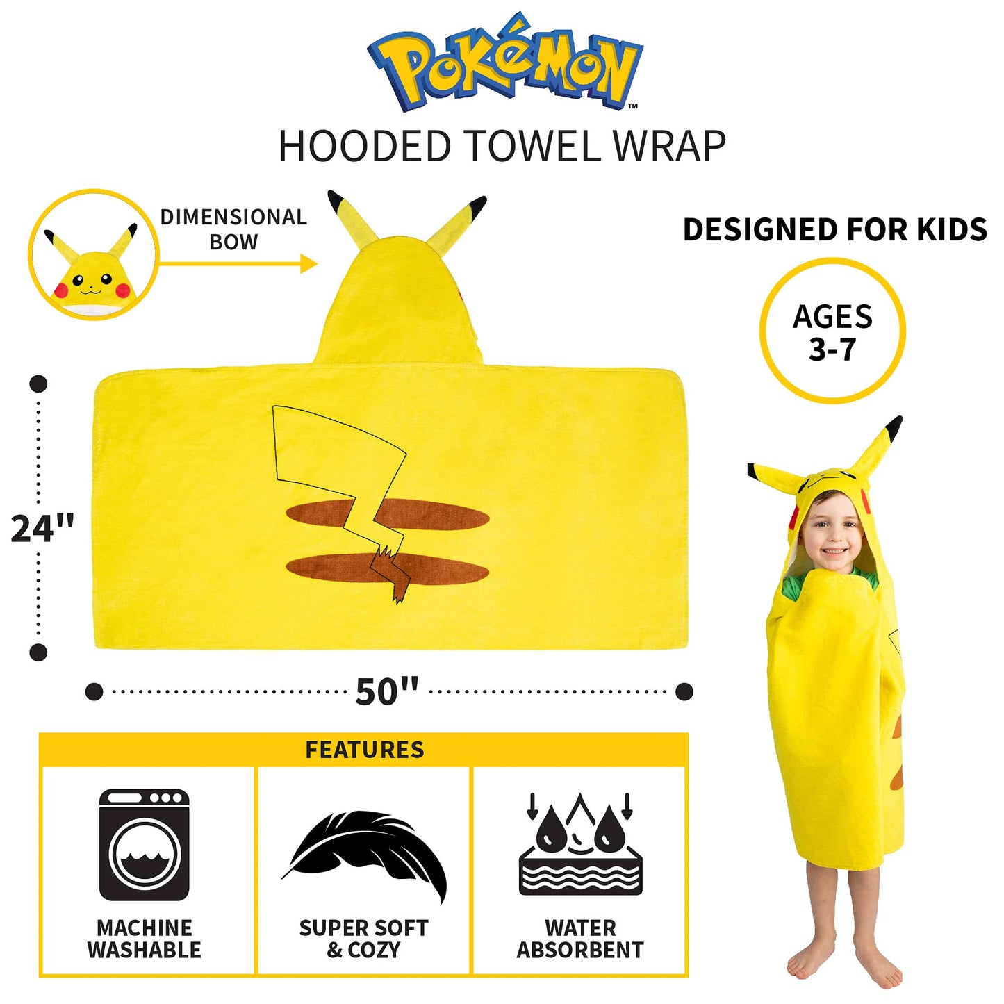 Pokemon Pikachu Bath/Pool/Beach Soft Cotton Terry Hooded Towel Wrap, 24' X 50', By Franco Kids