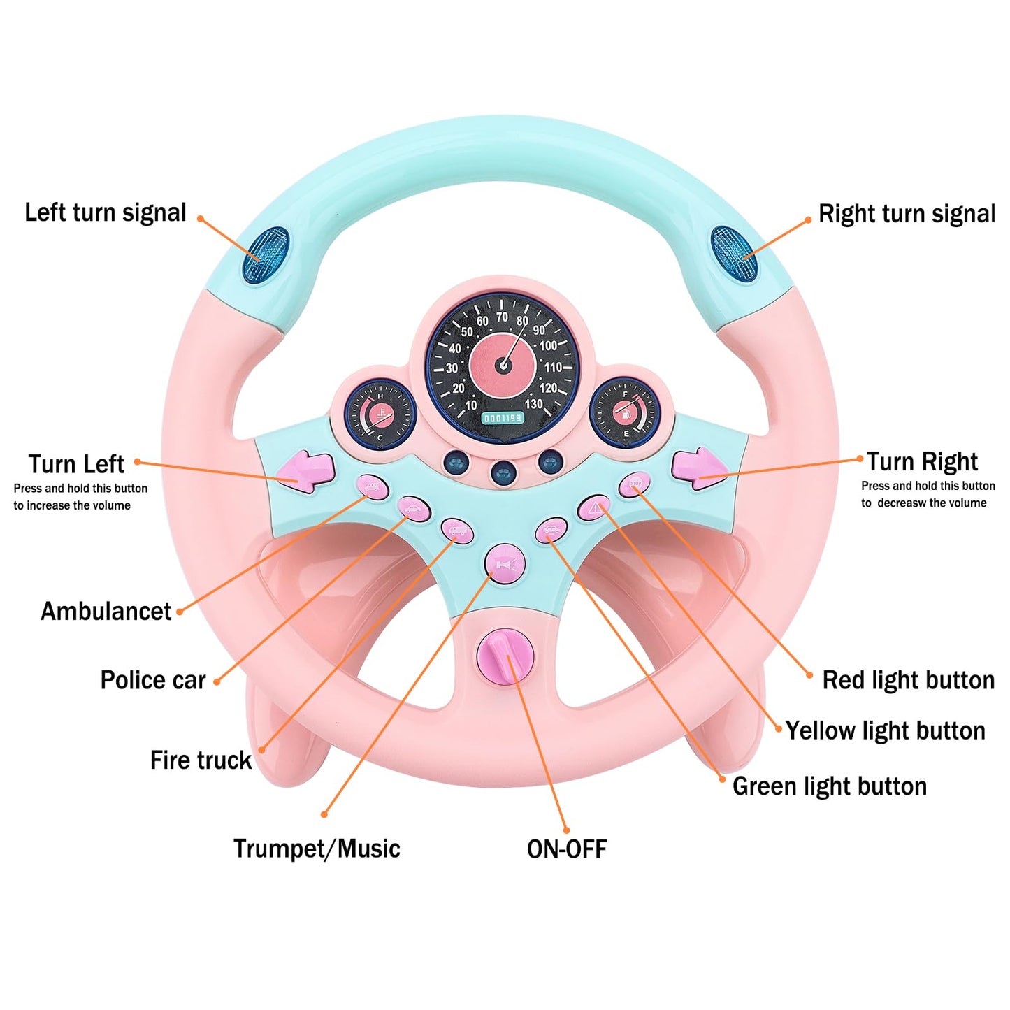 deAO Kids Steering Wheel for Backseat with Key Baby Toys Pretend Driving Simulated Steering Wheel Toy with Light and Music Gifts
