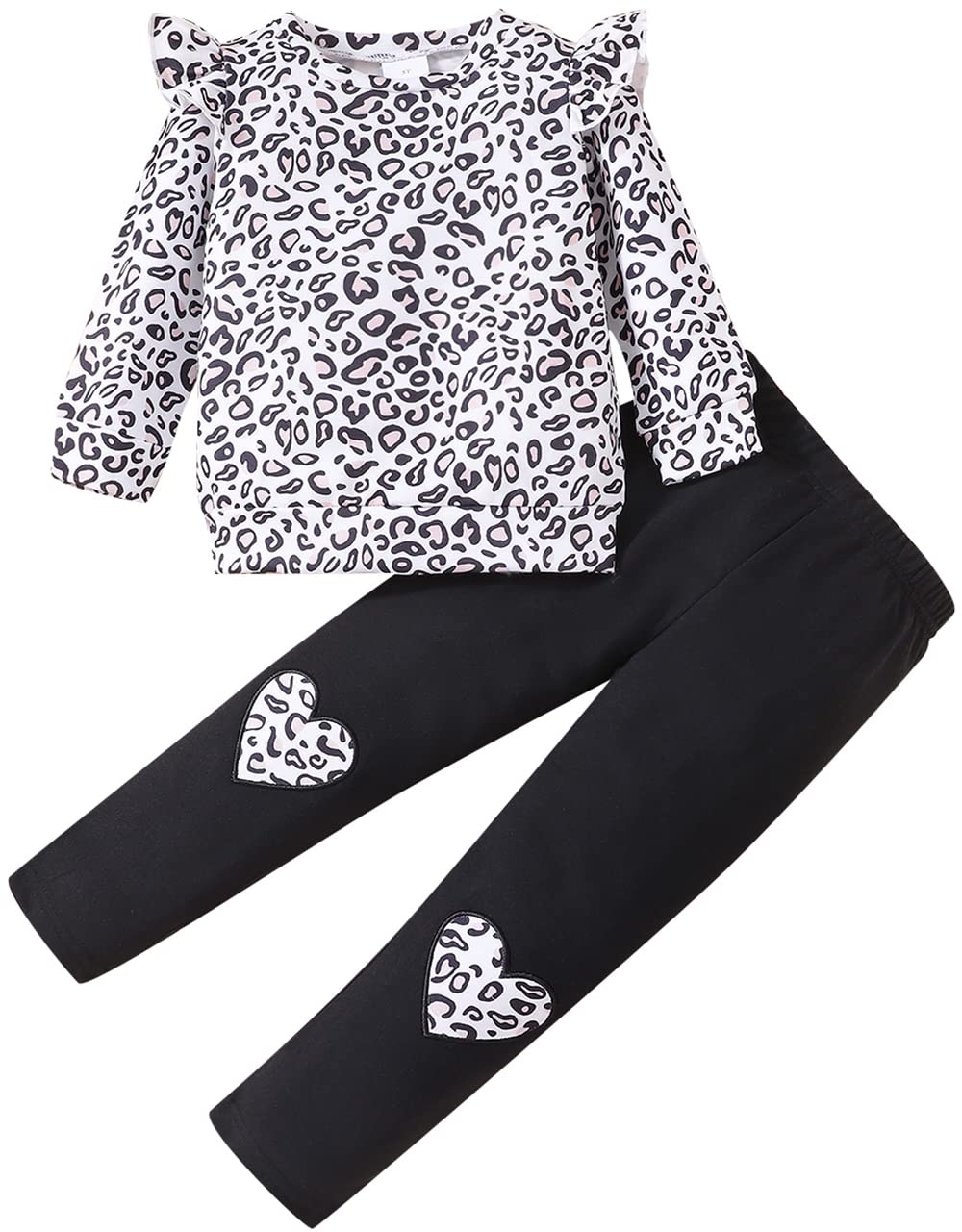 Retsugo Little Girls 2 Piece Outfits White Leopard Aop Sweatshirts Ruffle Sleeve Toddler Shirt And Leggings Set Kids Clothes Gir