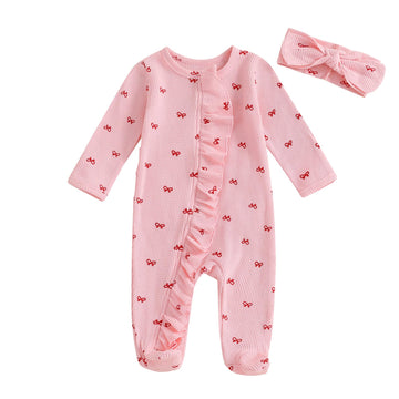 Ayalinggo Valentines Baby Girl Outfit Bowknot Heart Footie Romper Long Sleeve Onesie Newborn Christmas Clothes (Pink Bowknot, 6-