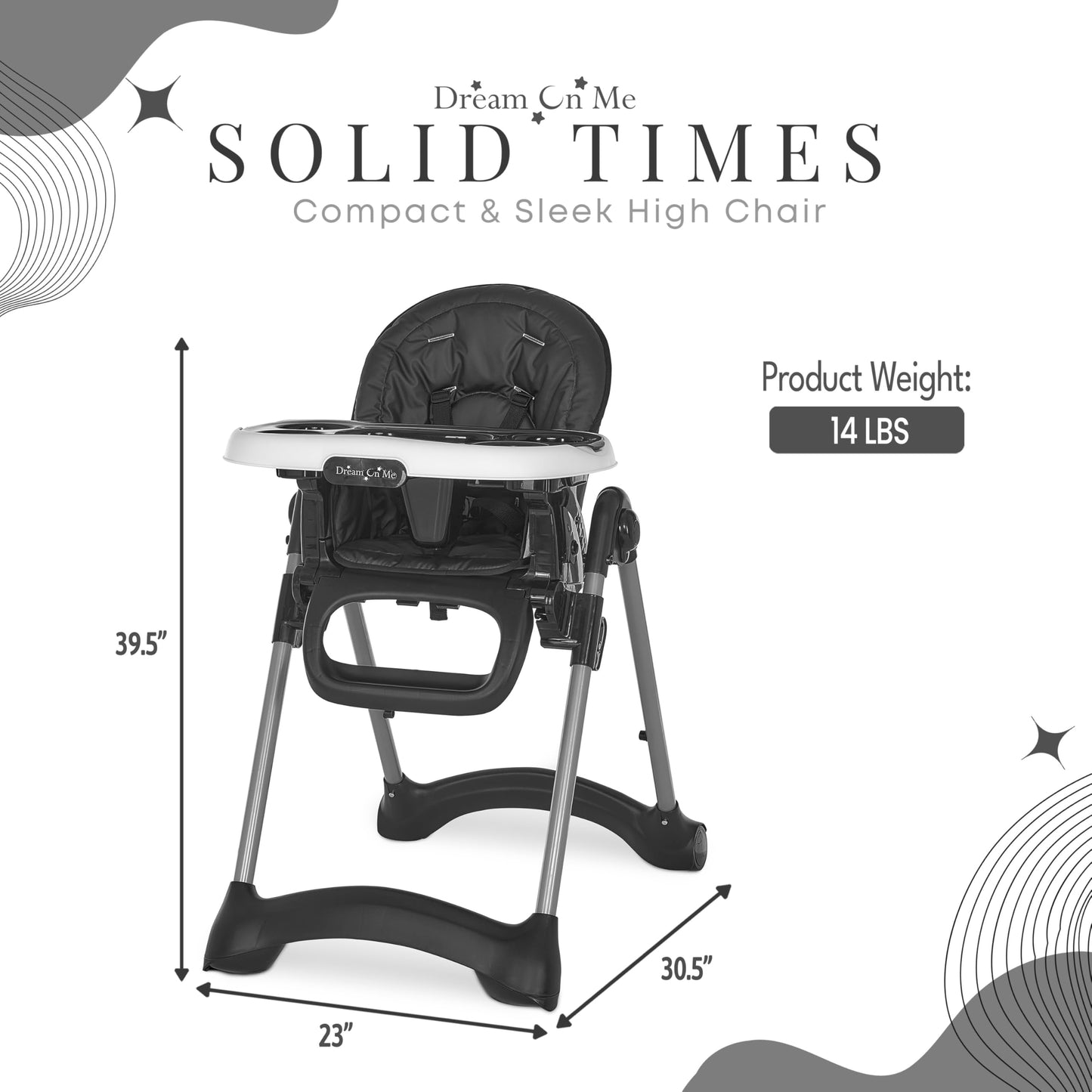 Dream On Me Solid Times High Chair For Babies And Toddlers In Black, Multiple Recline And Height Positions, Lightweight Portable