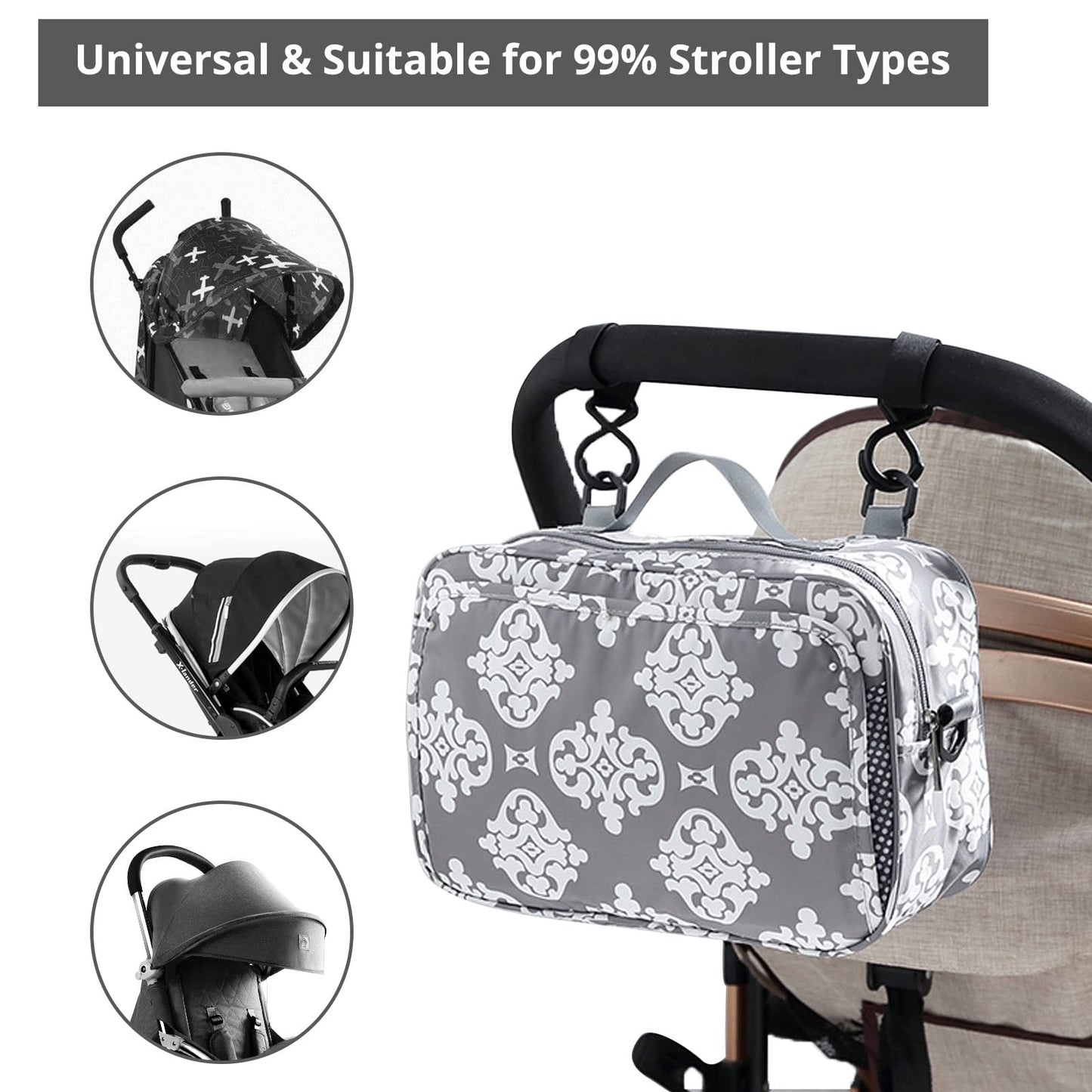 Diaper Bag Baby Stroller Bag Caddy Organizer For Baby Storage On The Go With Muti Pockets, Non-Slip Stroller Hooks And Adjustabl