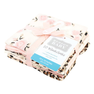Hudson Baby Unisex Baby Flannel Cotton Washcloths, Neutral Pink Floral 10 Pack, One Size