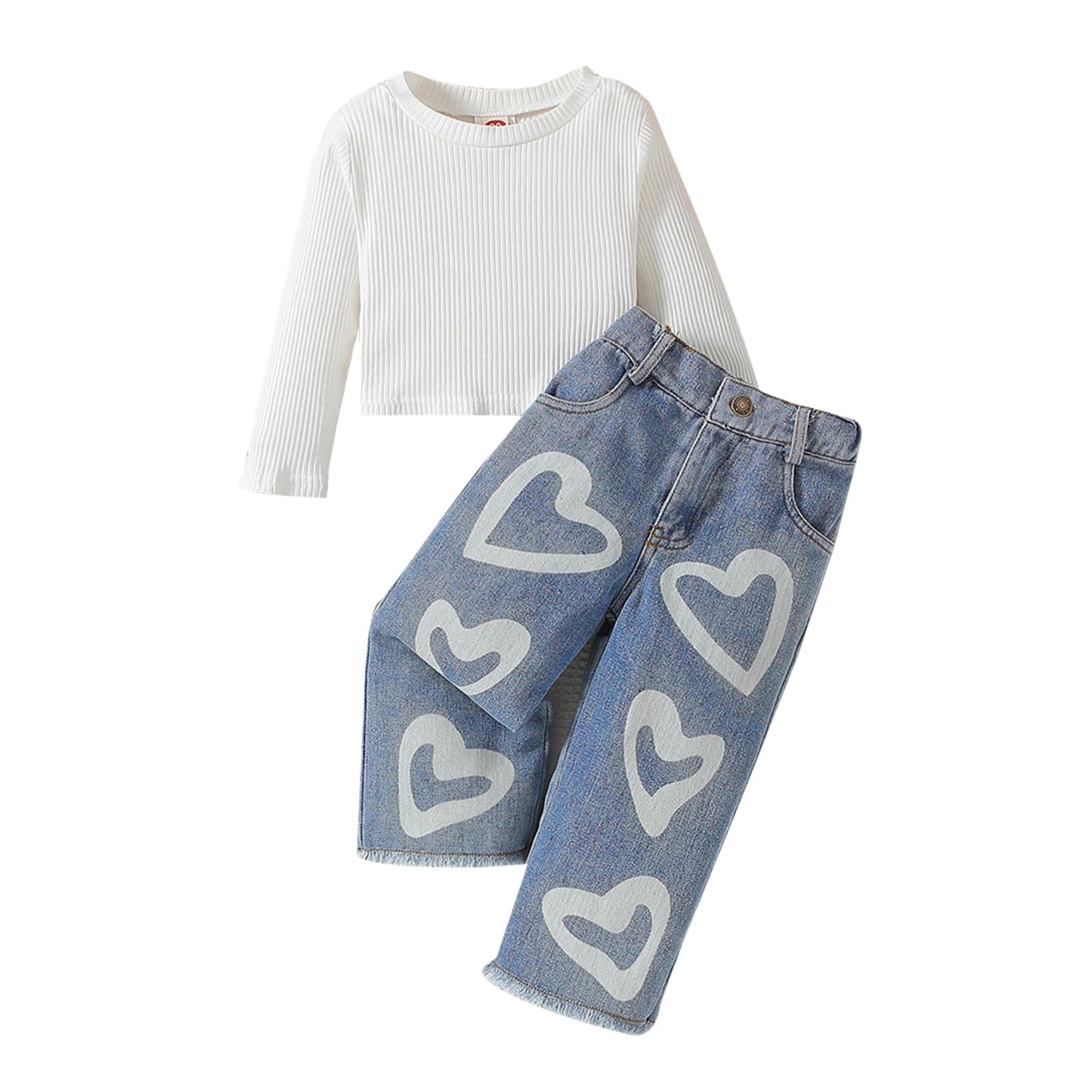 Toddler Girls Clothes 2T 3T 4T 5T 6T Ribbed Baby Kids Girl Denim Outfits Long Sleeve Tops Love Hearts Jeans Pant (Ivory, 6-7 Yea