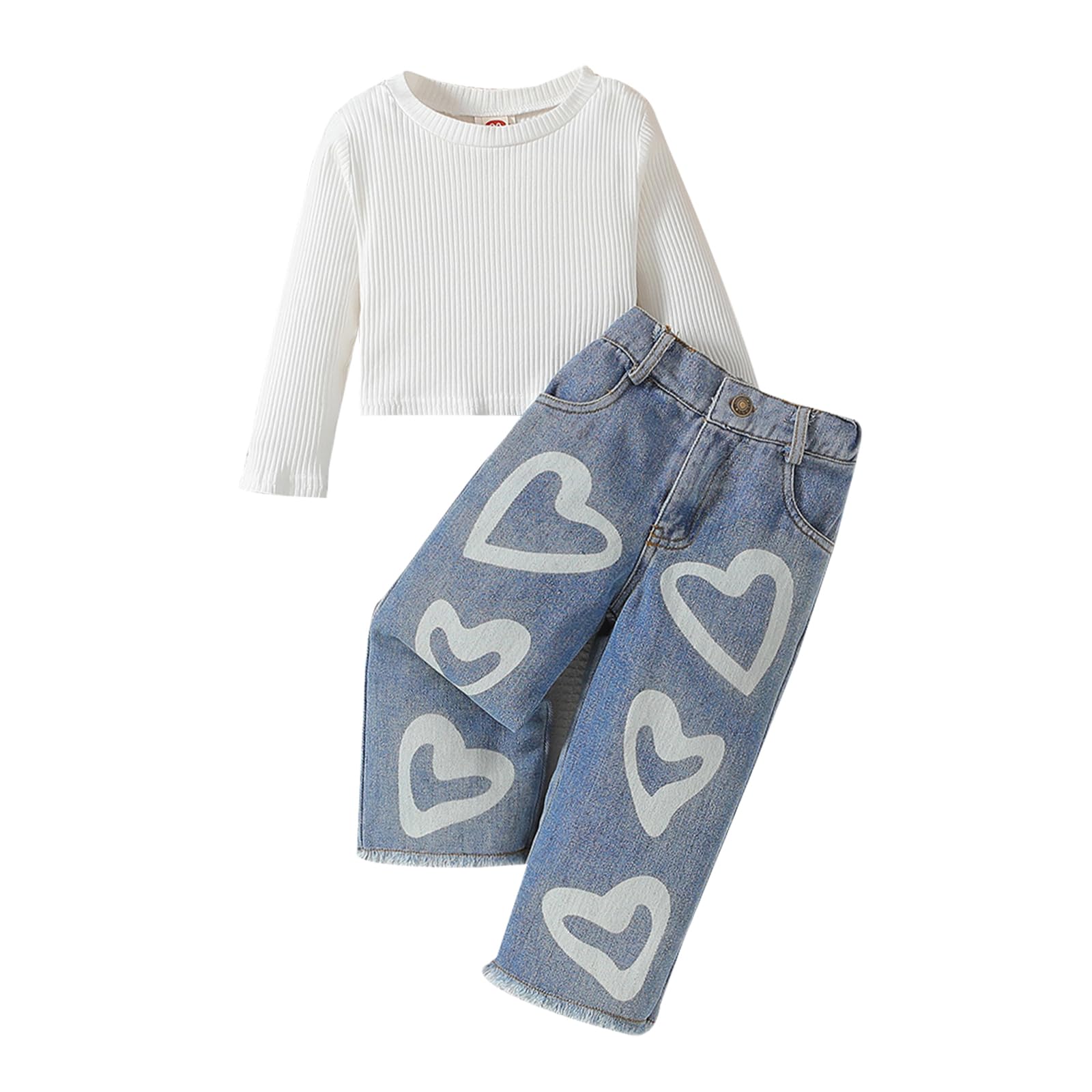 Toddler Girls Clothes 2T 3T 4T 5T Ribbed Baby Kids Girl Denim Outfits Long Sleeve Tops Love Hearts Jeans Pants (Ivory, 12-18 Mon