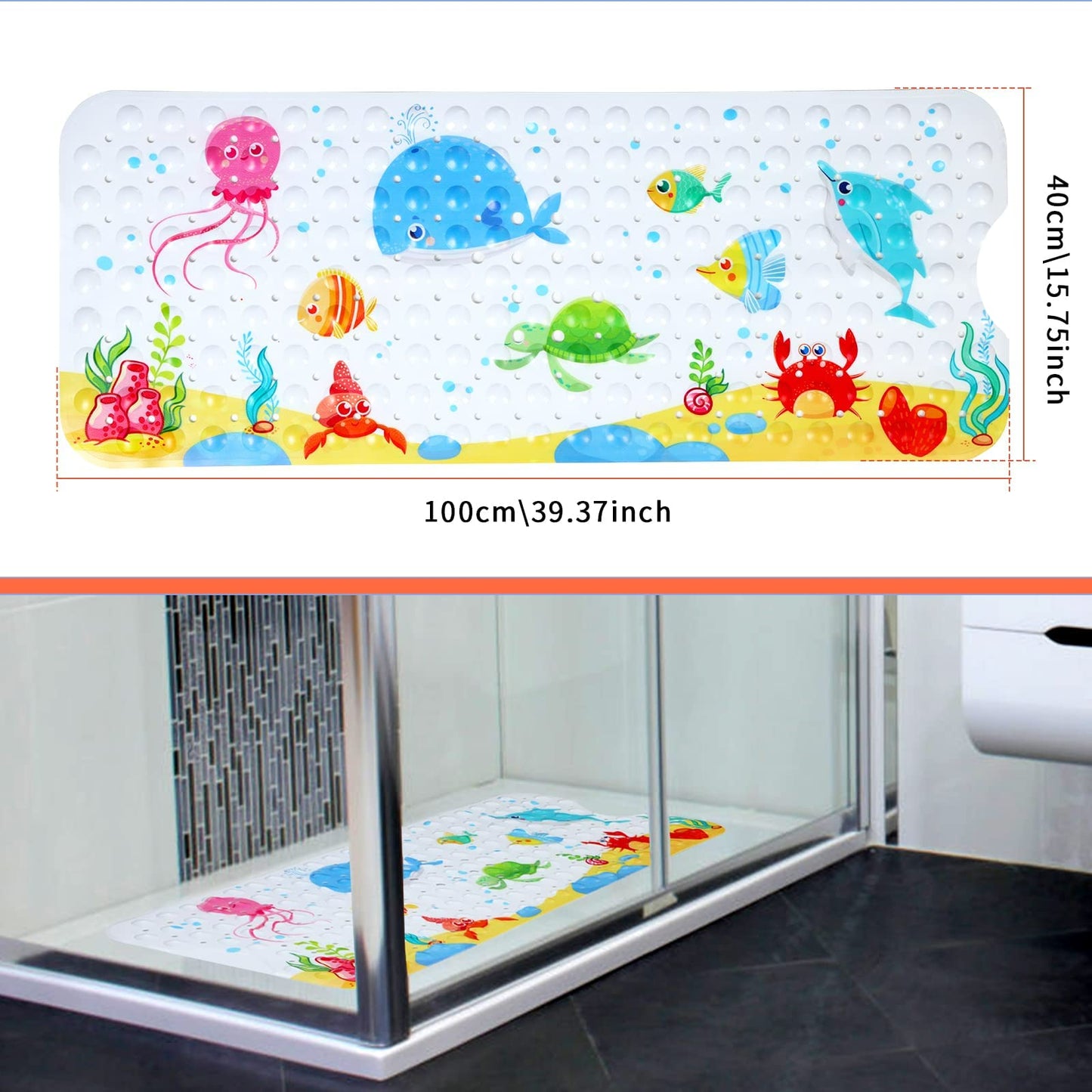 Secopad Kids Bath Mat For Tub Non Slip, 40 X 16 Inch Large Cartoon Whale Anti Slip Toddler Baby Bath Mat, Right Drain
