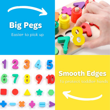 GeroCrew Wooden Montessori Toys for Kids Toddler Number Puzzles Sorter Counting Shape Stacker Stacking Game Preschool Toys for B