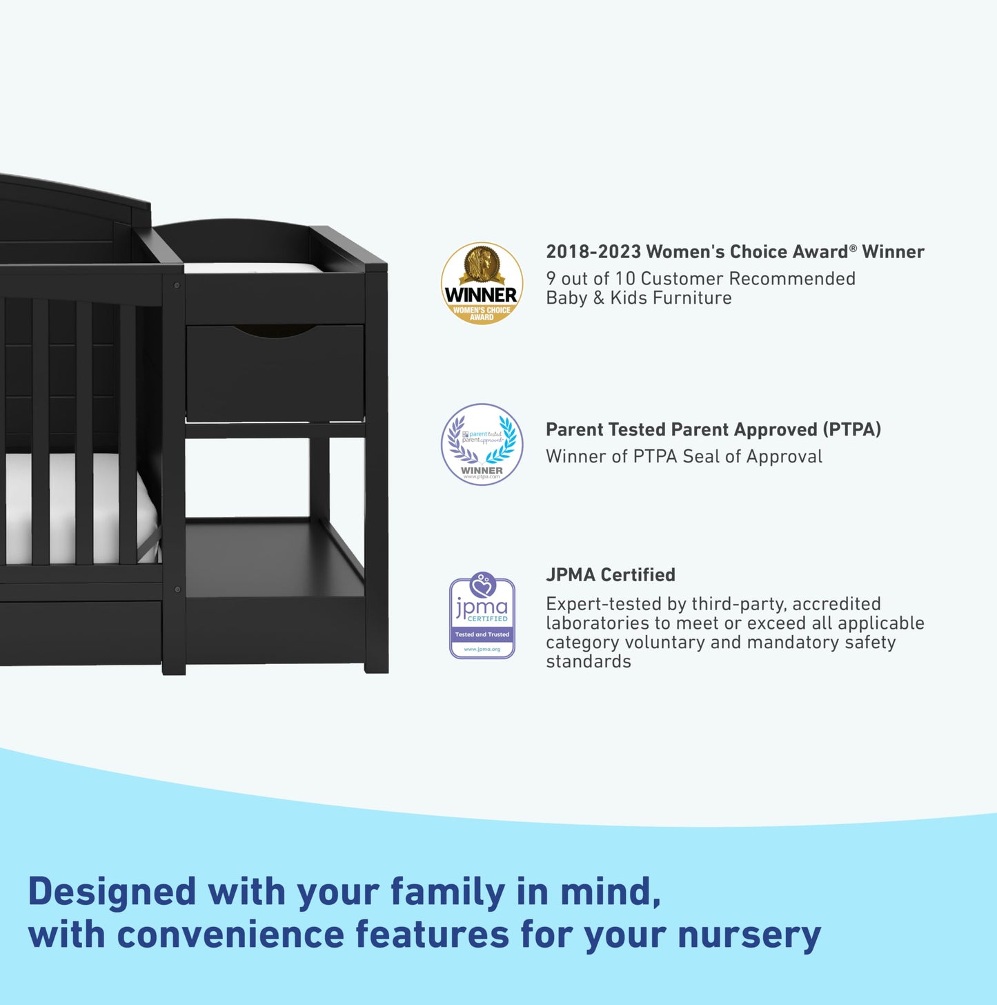 Stork Craft Graco Bellwood 5-In-1 Convertible Crib & Changer With Drawer (Black) - Greenguard Gold Certified, Full-Size Storage