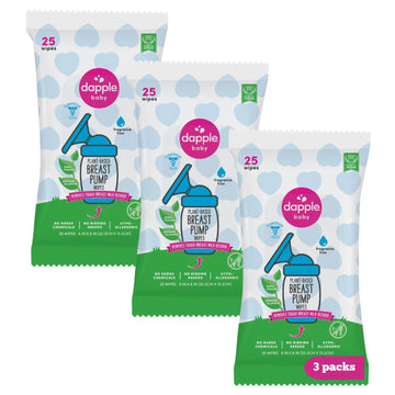 Breast Pump Wipes By Dapple Baby, 25 Count (Pack Of 3), Fragrance Free, Plant Based & Hypoallergenic Breast Pump Wipes - Removes