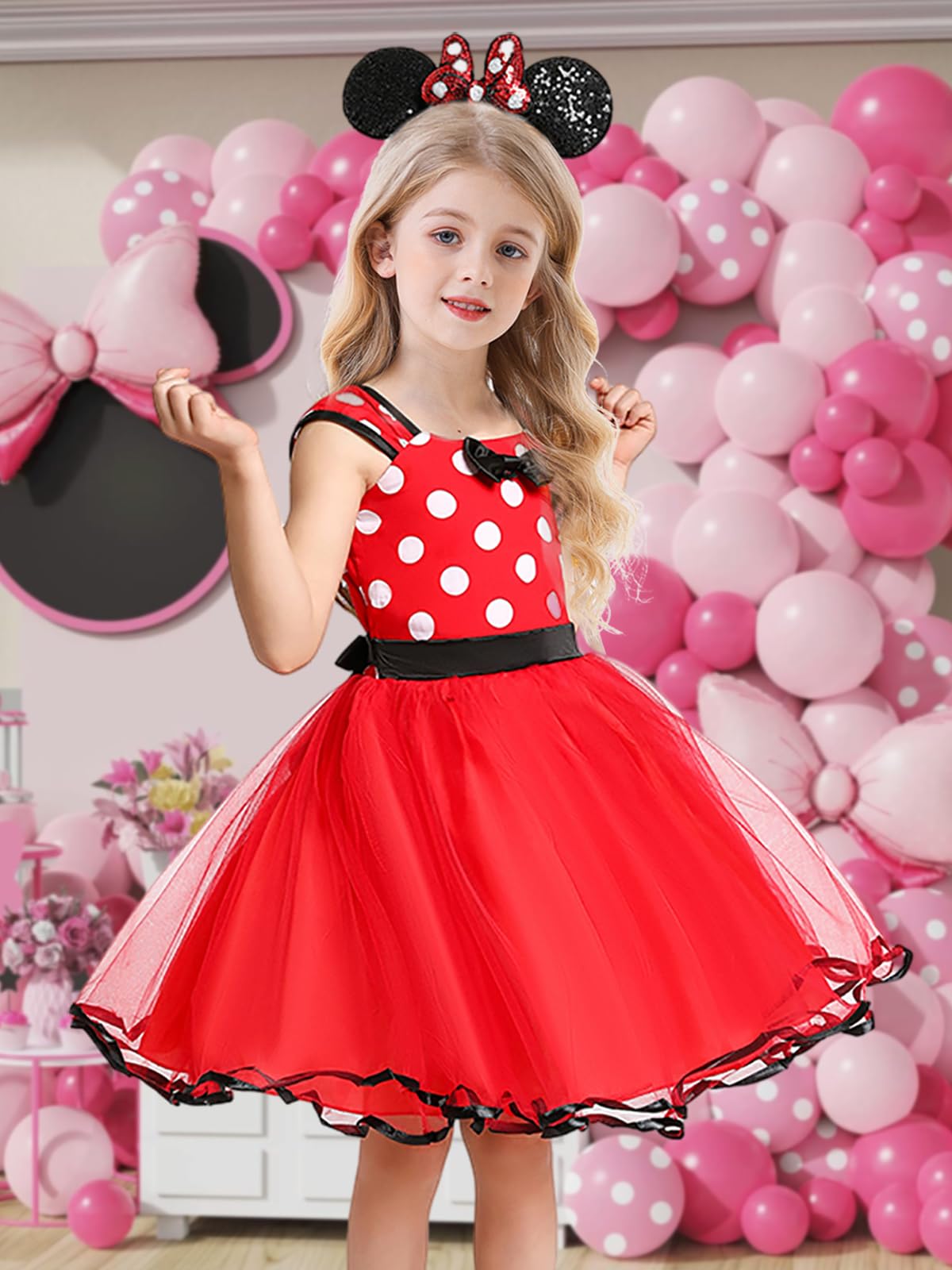 Eledobby Minnie Dress For Girls Princess Mouse Costume Birthday Party Polka Dots Tulle Tutu Dresses With Head Hoop Red 3-4T