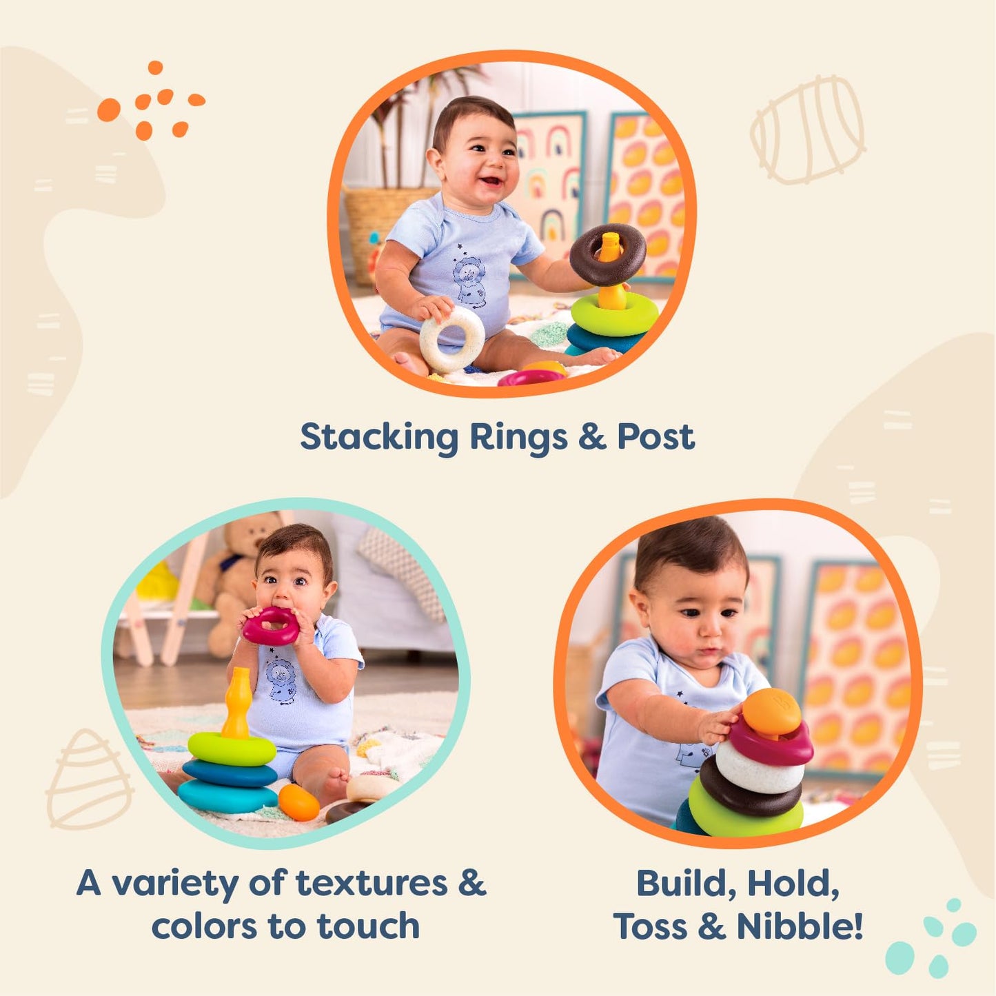 B. toys - Stacking Rings - Textured Ring Stacker for Babies - Early Development Toys - 100% Non - Toxic - Fun & Educational - Gr