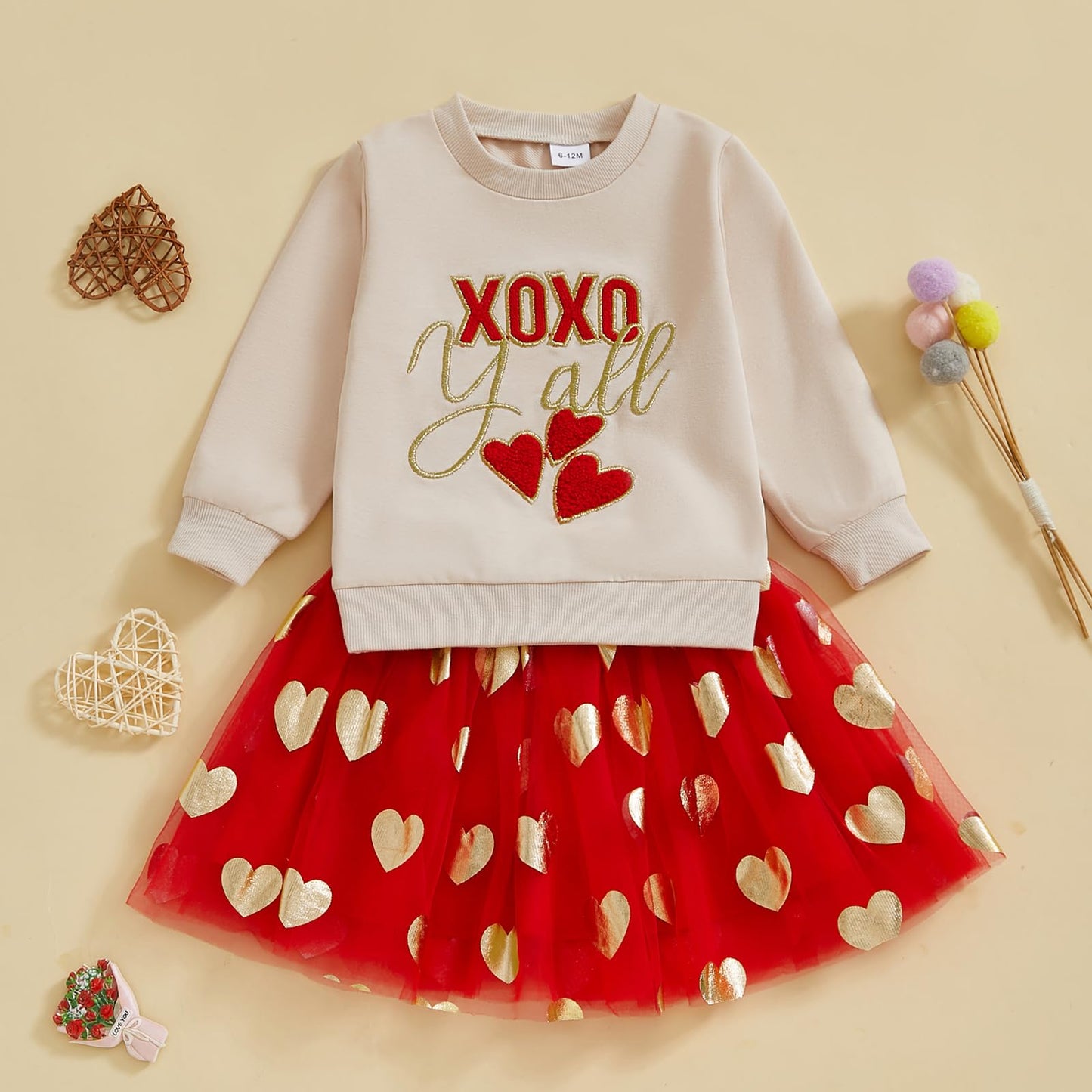 Lagkiyoj Toddler Girl Valentines Day Outfit Letter Heart Long Sleeve Sweatshirt Topstutu Skirt Girls Valentines Day Dress (Apric