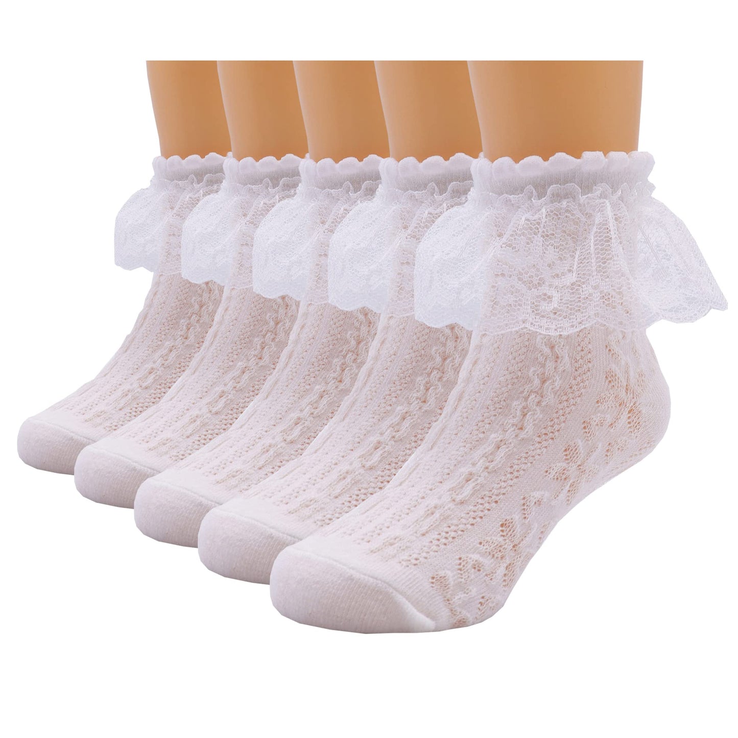Xiyadun 5 Pairs Toddler Baby & Child Girls Ruffle Lace Ankle Cotton Dress Socks (S For 1-2 Years, Crean White)