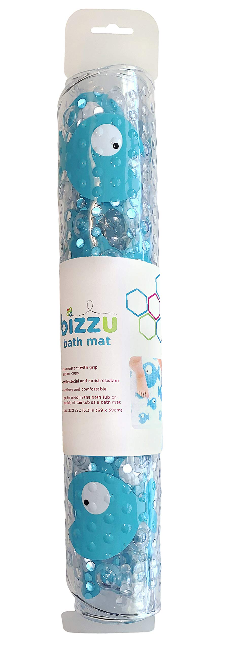 Bizzu Large Non-Slip Baby Bath Mat With Strong Suction Cups, Baby Bath Tub Time Essentials, Blue Fish