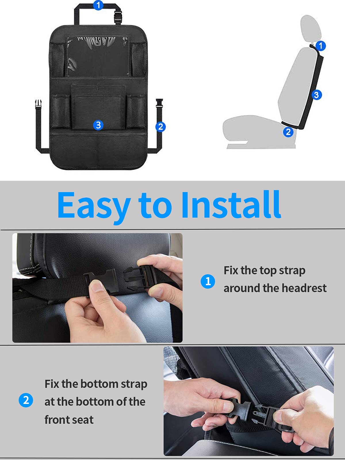 Ecurfu Backseat Car Organizer With 10 Compartments, 10 Inch Tablet Holder, Waterproof Storage Bag For Kids Cars - 600D Oxford Fa