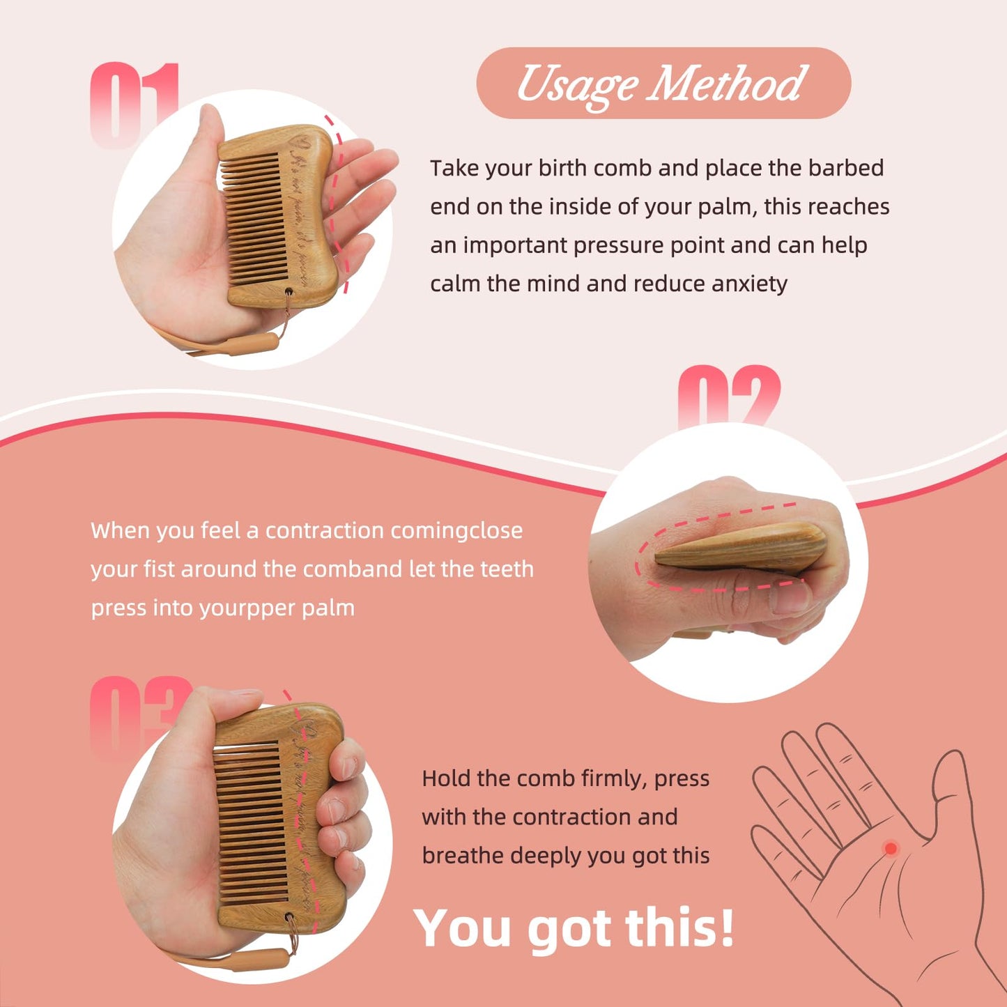 Mowawa Sandalwood Birthing Comb For Labor Pain Relief & Delivery - Labour Gifts With Birth Affirmation For Women- Wood Comb For