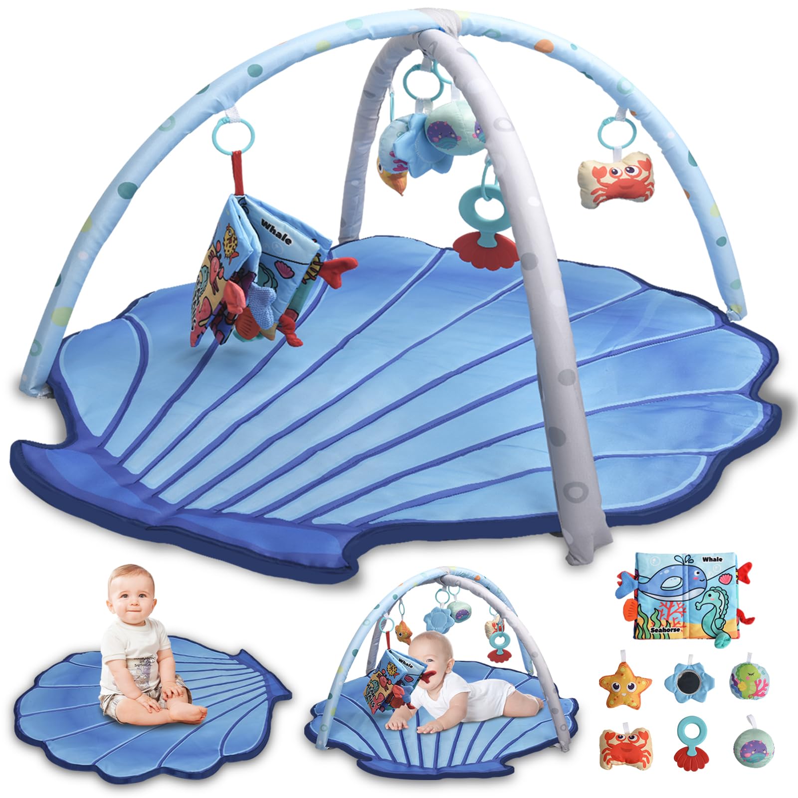 Baby Gym Play Mat For Babies 0-6 Months Infant Tummy Time Mat Activity Gym, Blue Shell Baby Gyms & Playmats Newborn Brain Sensor