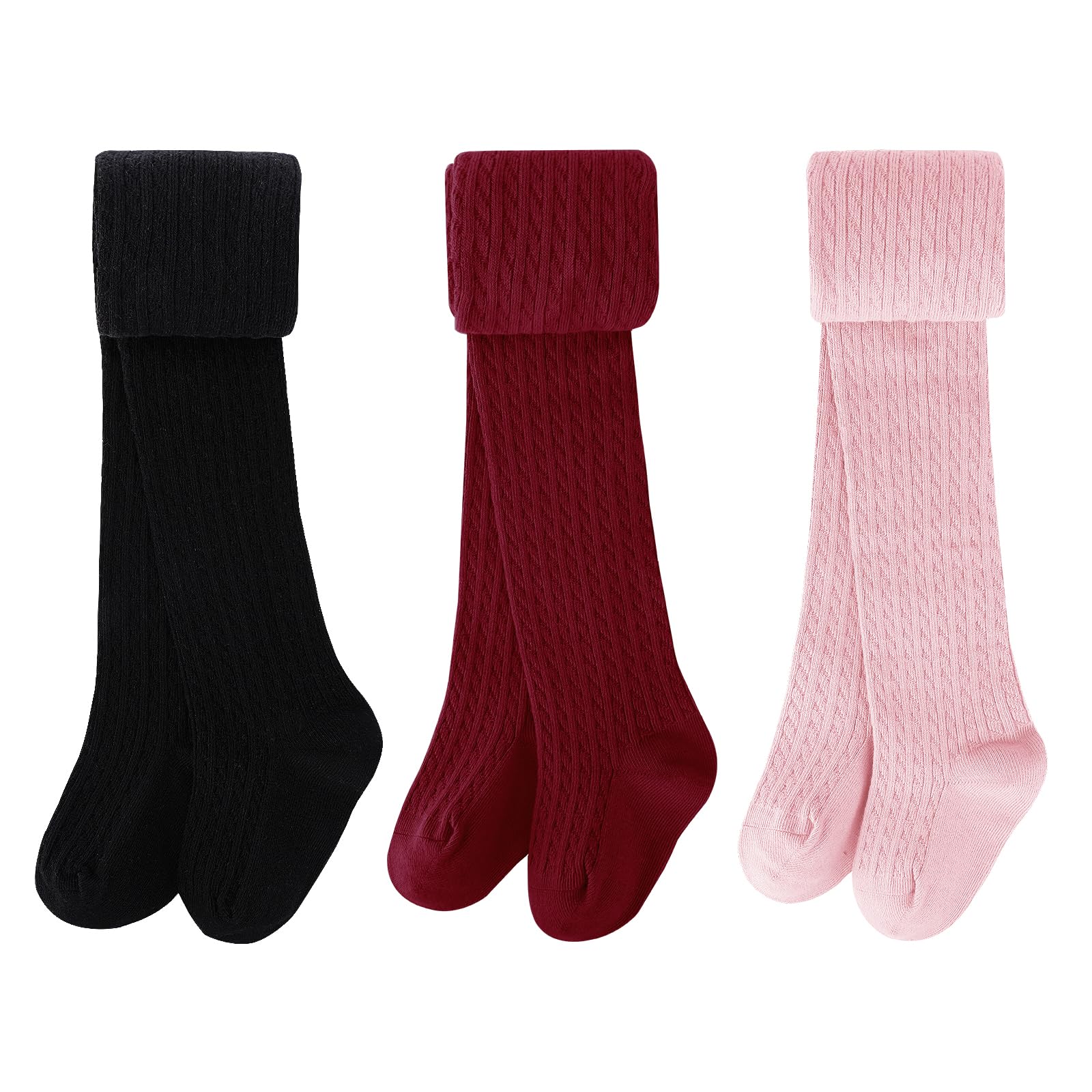 Booph Girls Tights Baby Toddler Cable Knit Leggings Pants 4-5T Black Red Pink 3 Pack