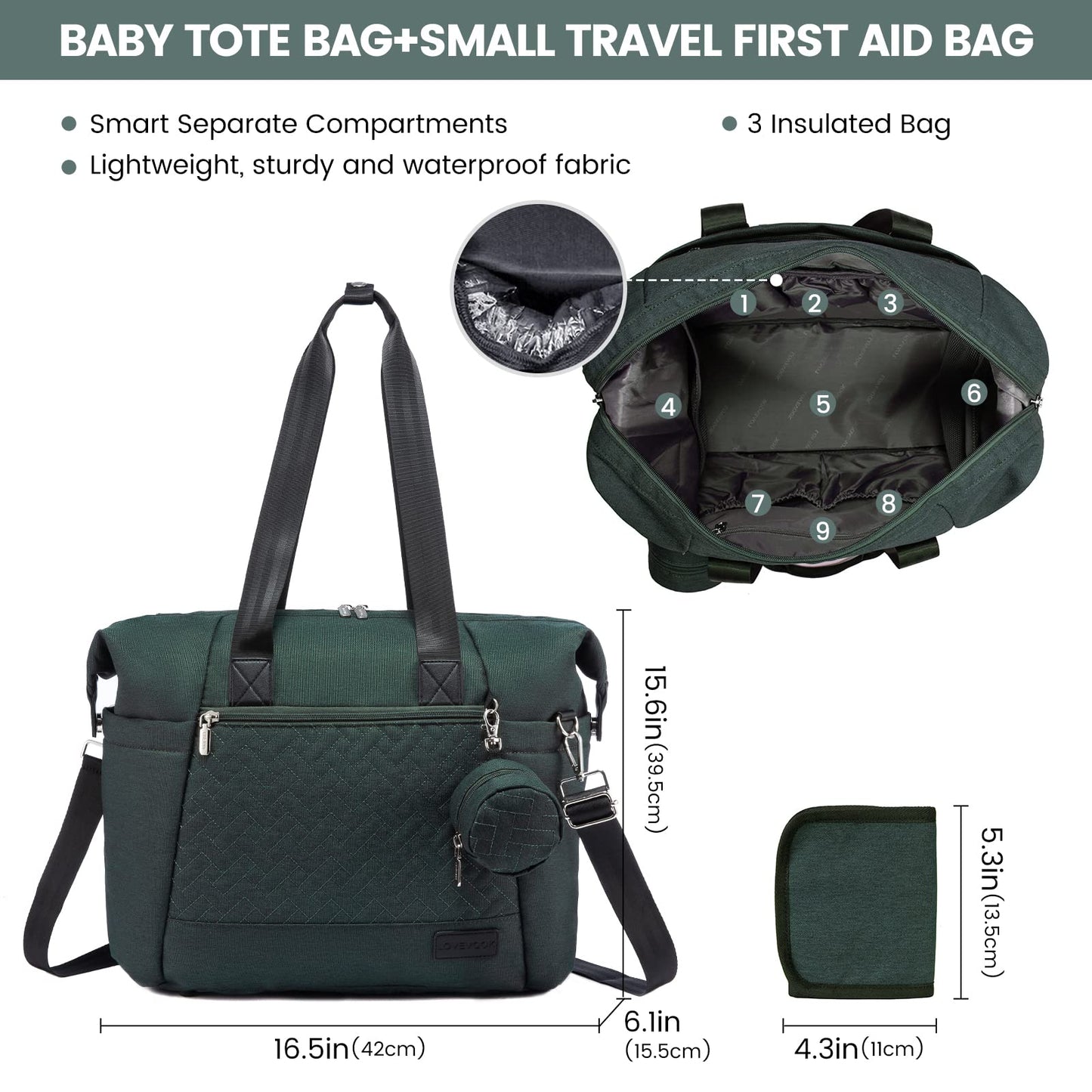 Lovevook Diaper Bag Tote, Large Baby Tote Bag, Travel Diaper Tote For Mom And Dad With Changing Pad And First Aid Bag,Green
