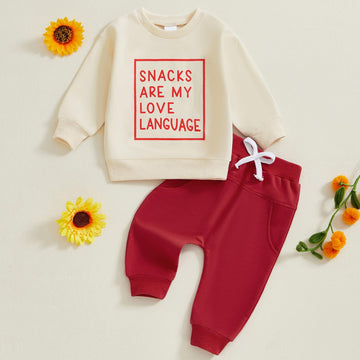Baby Boy Fall Clothes Set Long Sleeve Letter Print Sweatshirt Pants Valentines Day Outfits 6 12 18 24 Months 2T (Snacks Khaki, 6