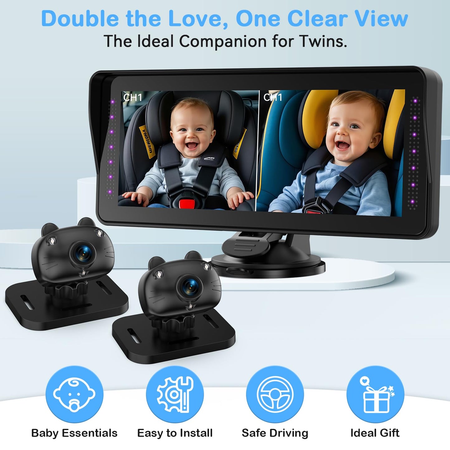 Dual Baby Car Camera For 2 Kids - 6.9Hd Display With Ambient Lighting, Rotatable Night Vision Cameras, Easy Setup, Ideal For Par