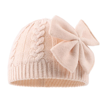 Winter Warm Knitted Baby Hat For Girls Cotton Lined Infant Toddler Girls Hat Autumn Cute Bow Classic Girls Beanie 0-6Y (Pink+Bei