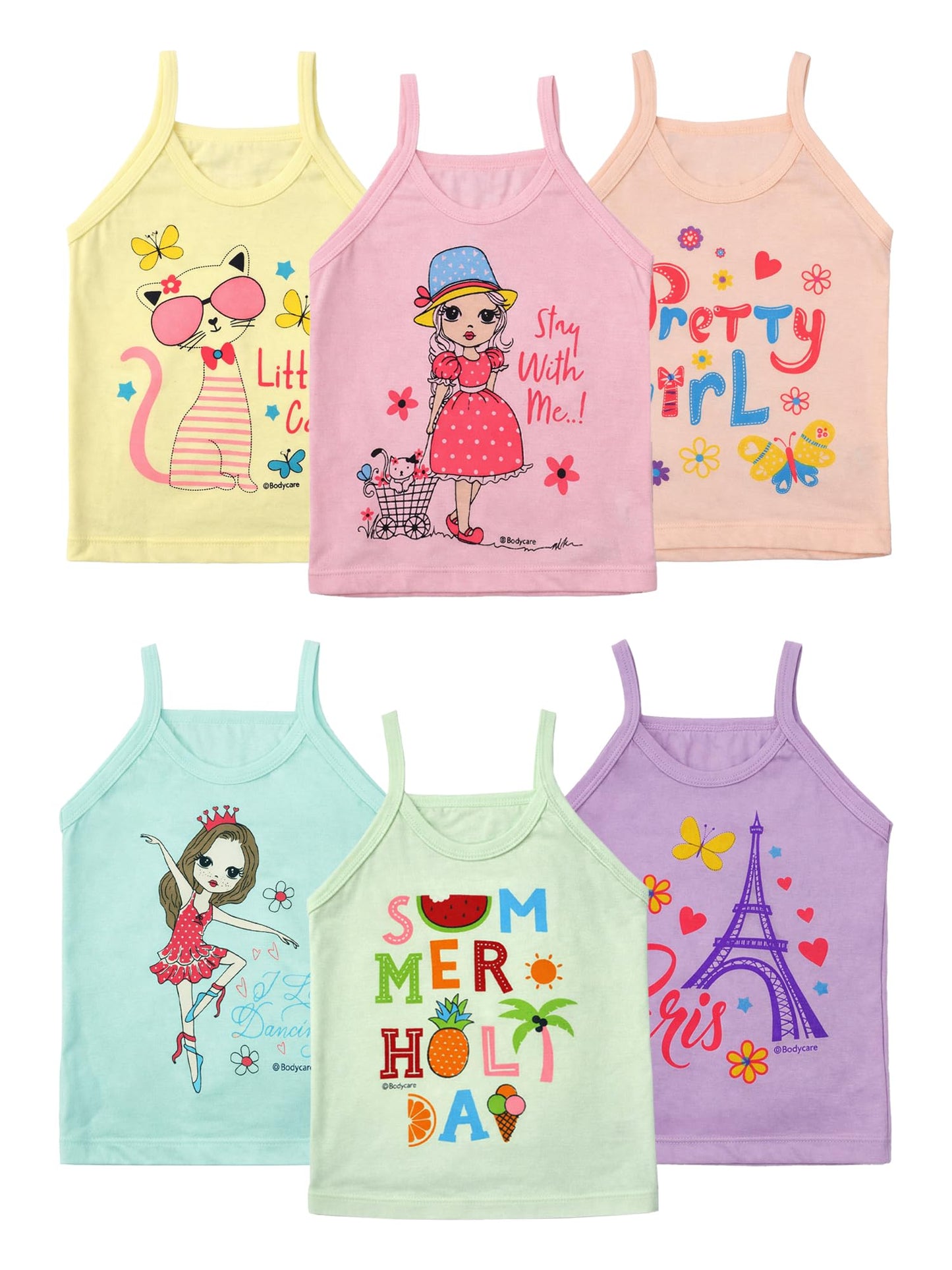BODYCARE Kids Girls Vest White Colored | 100% Cotton| Skin Friendly | Lightweight | Sleeveless Design | Pack of 6 Print