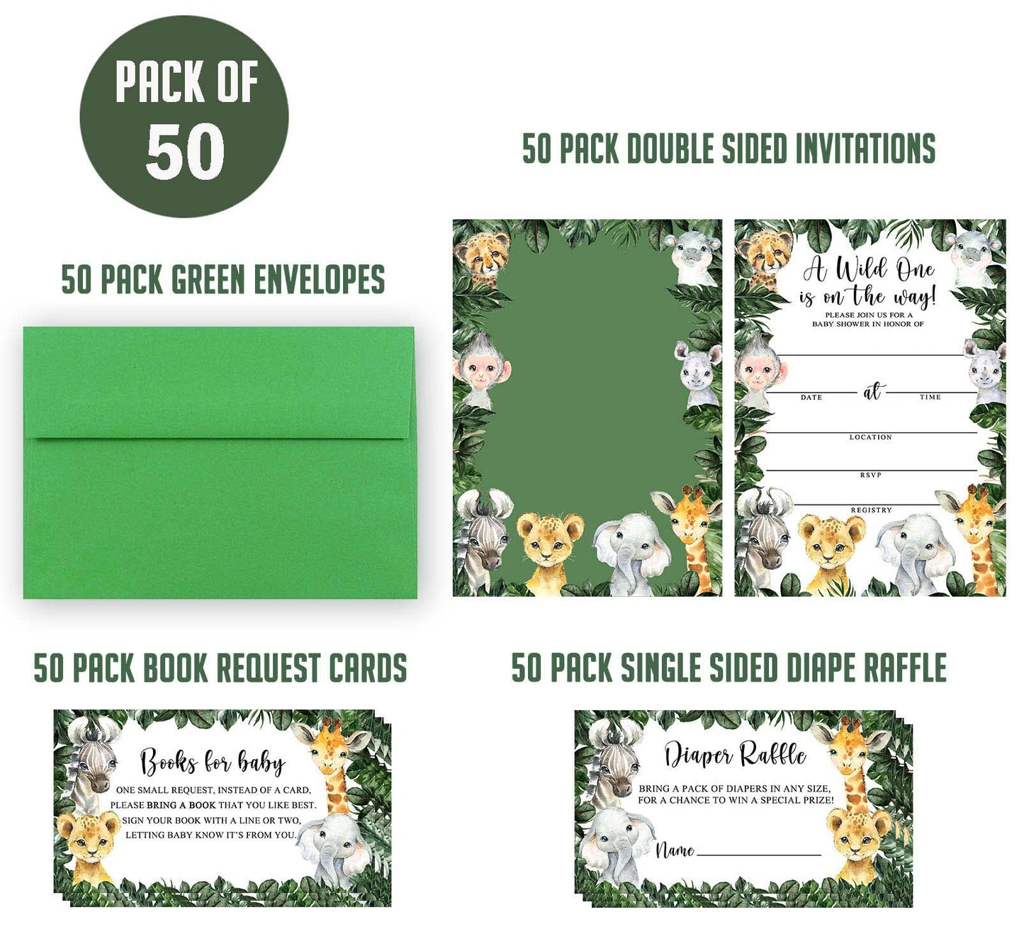 Yuzioey 50 Safari Baby Shower Invitations, Jungle Animals Invitations Macthing Envelpoes, Diaper Raffle Tickets, Book Request Ca