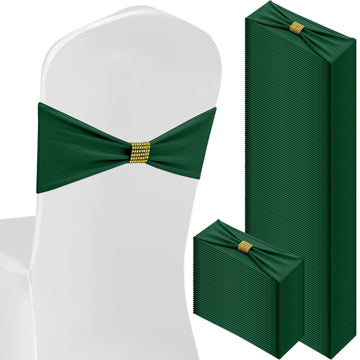 Hahafelt 100 Pcs Spandex Chair Sashes Bows with Rhinestone Ring Buckle Slider Elastic Universal Bowknot Chair Cover Bands Ties f