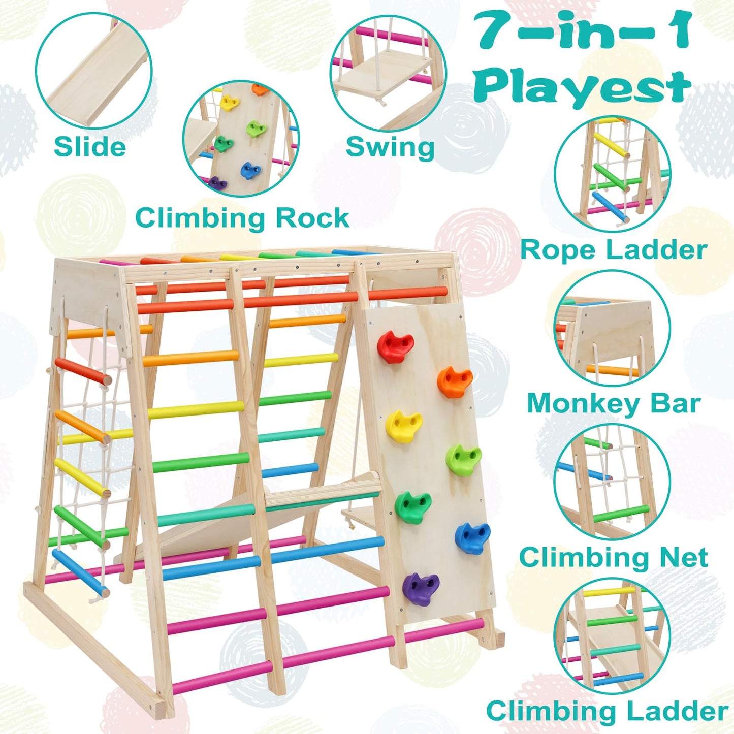 Edostory 7 In 1 Pikler Indoor Playground Jungle Gym Playset, Wooden Montessori Climber With Slide, Rock Climb Wall, Monkey Bars,