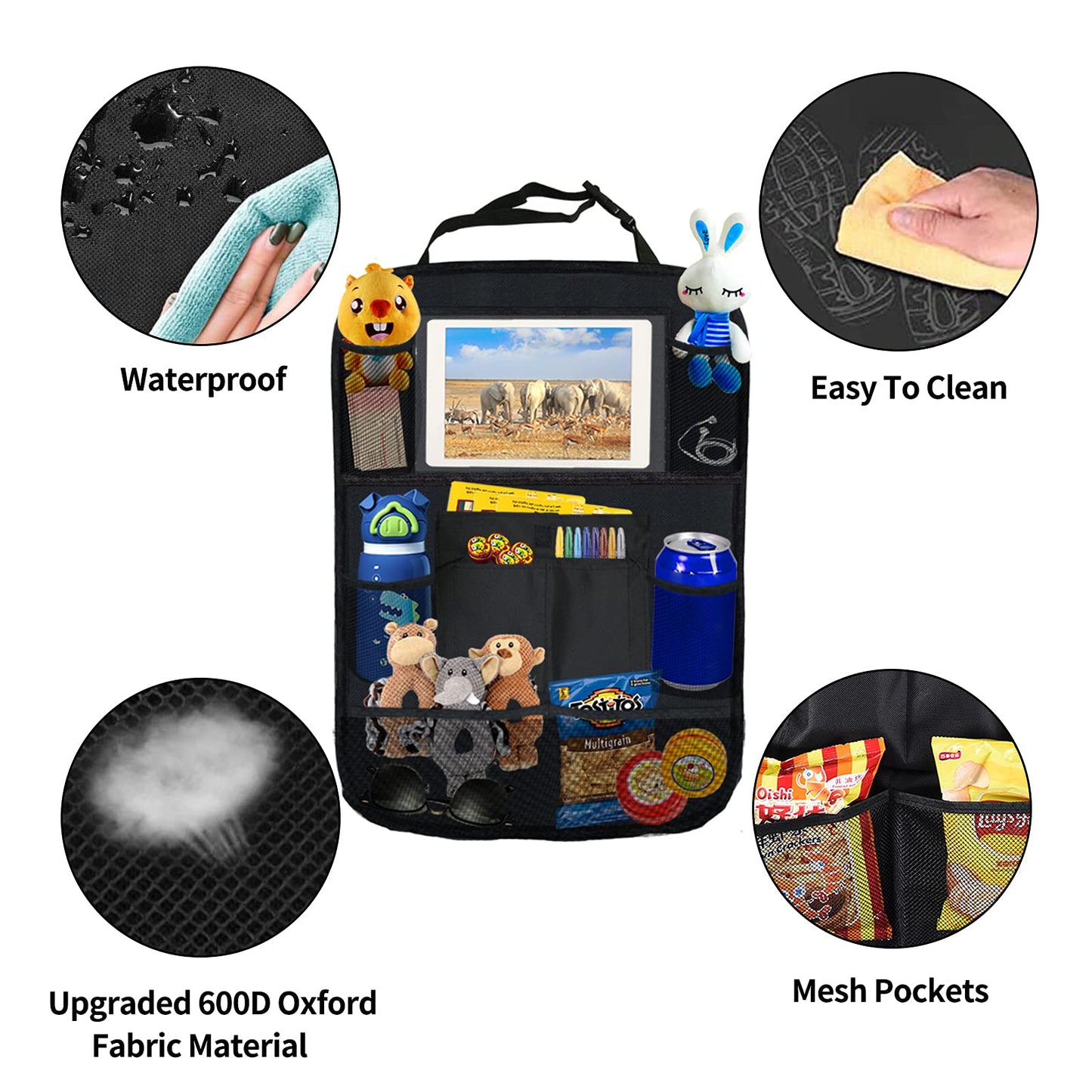 Ecurfu Backseat Car Organizer With 10 Compartments, 10 Inch Tablet Holder, Waterproof Storage Bag For Kids Cars - 600D Oxford Fa