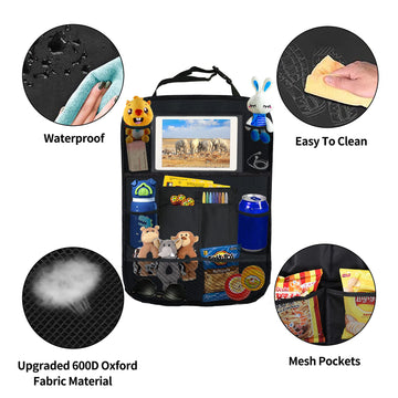 Ecurfu Backseat Car Organizer With 10 Compartments, 10 Inch Tablet Holder, Waterproof Storage Bag For Kids Cars - 600D Oxford Fa
