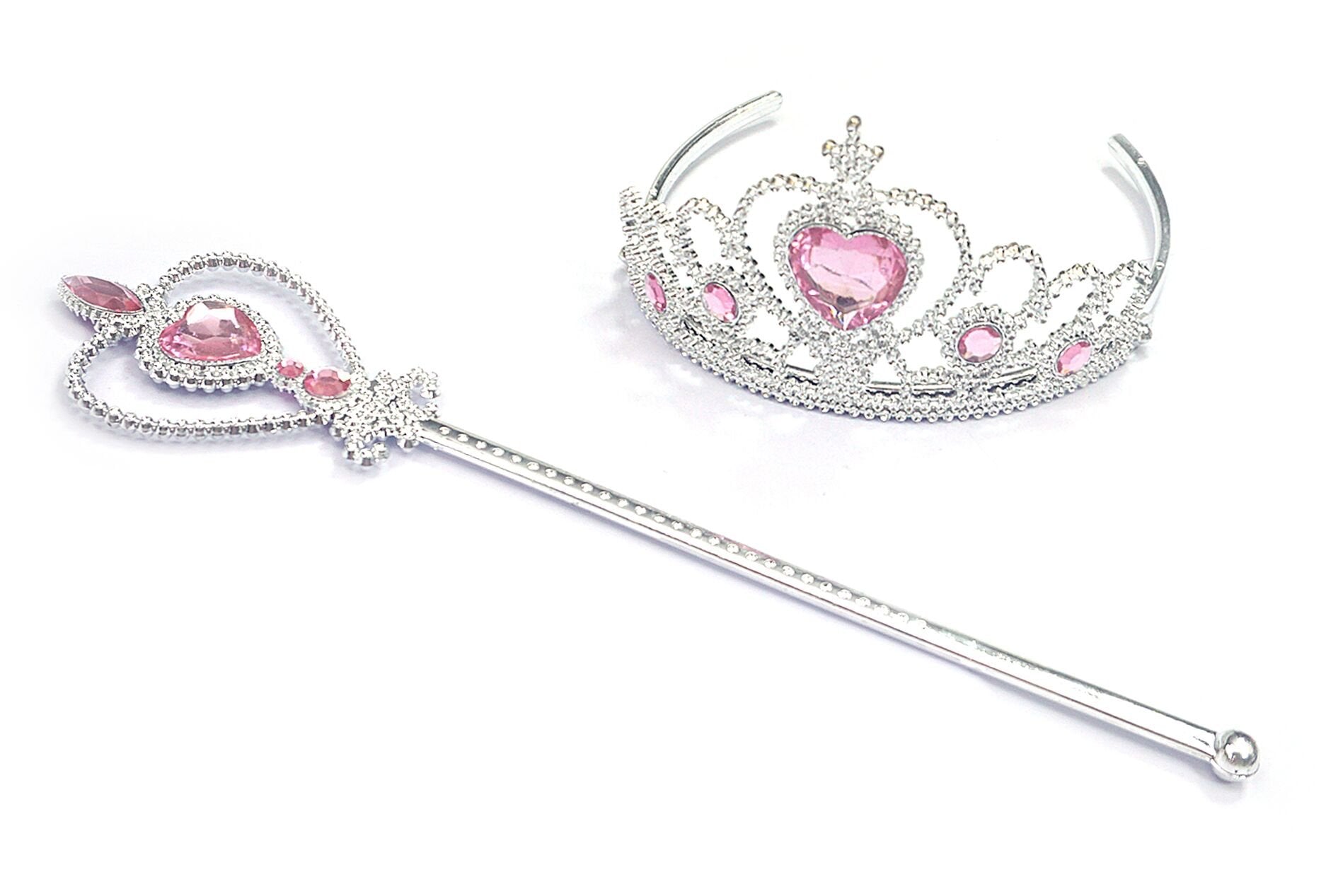 Kuzhi Frozen Crown Tiara And Wand Set - Silver Heart Jewel (Light Pink)